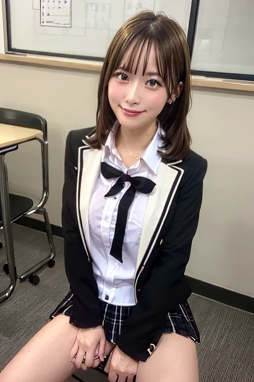Photo of a beautiful Japanese 12 years old woman sitting on chair in class room,,after school,spread legs ,Lift up your skirt and show your panties,