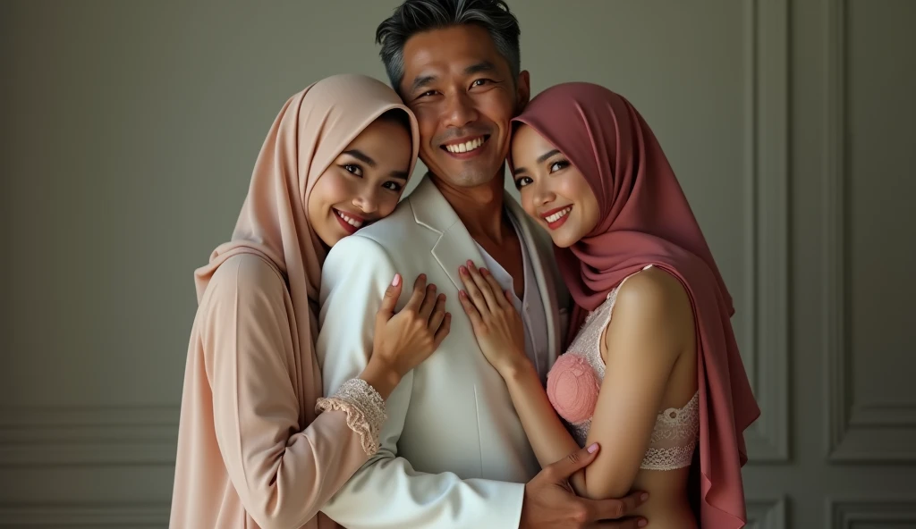 RAW, Best quality, high resolution, Masterpiece: 1.3), Embrace the unique charm of Wes Anderson's cinematic style, Naked Malay woman with a beautiful patterned hijab and a naked Malay man in a pastel and bright color palette, hugging and holding her big breasts, reflecting lust and love in a unique setting, 'Malaysian Grand Hotel'. Masterpiece: 1.3, Naked Malay couple, intimately embracing, beautiful hijab, pastel color palette, Mexican Grand Hotel inspired, Symmetrical composition, Centered, Super 8mm lens, Extreme close-ups, Deep Focus cinematography effects:

Best quality