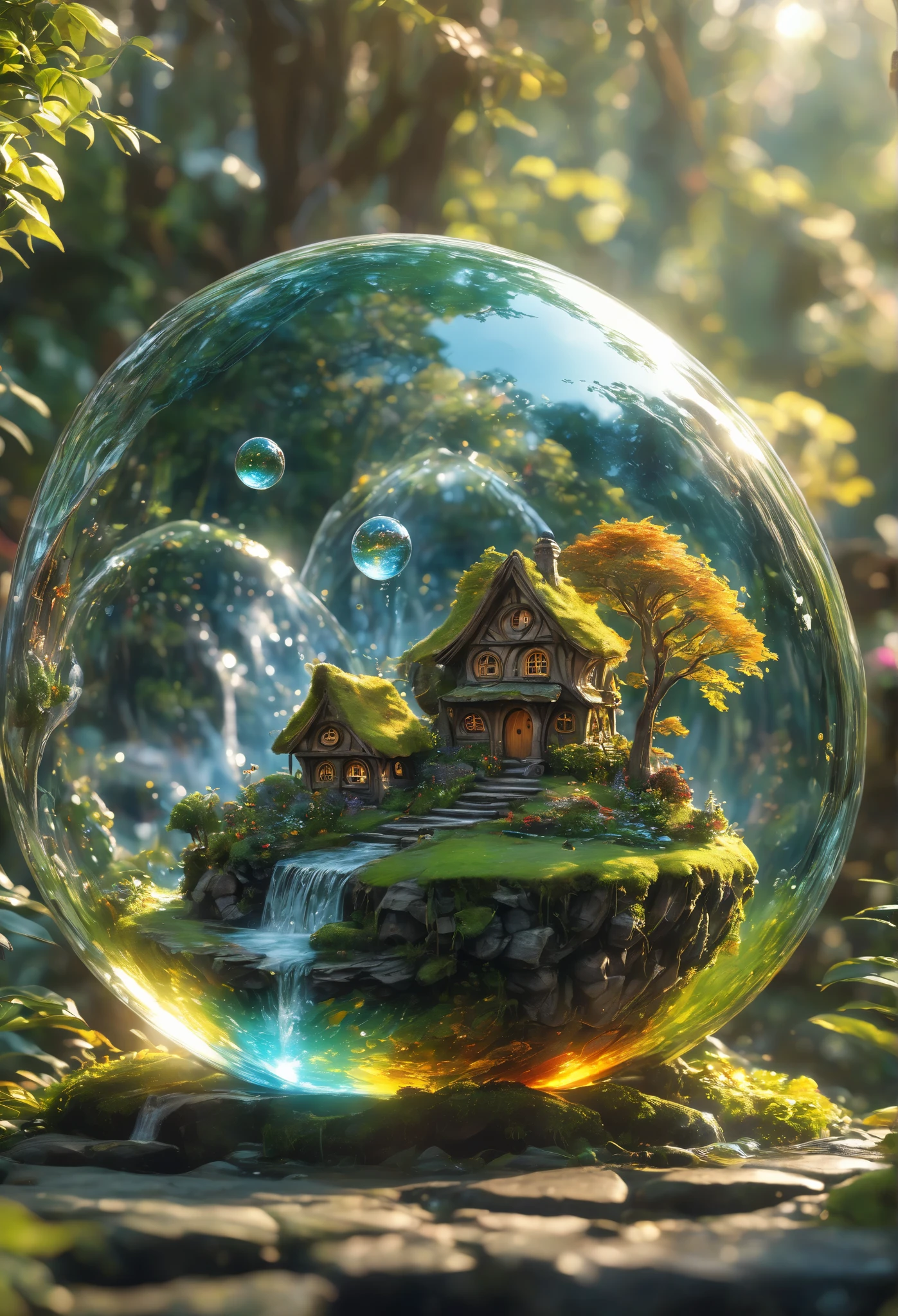 Glass sphere sculpture,  A hobbit village is hidden inside a sphere , waterfall, Daytime,  detailed image , 8K high quality details , ,  Stunning Wallpaper ,  digital paint high definition , 8k  Supernatural detailed oil painting, beautiful art  Supernatural, Focus on the full glass sphere, Bokeh,  background modifier:  Highly detailed, award-winning photography , Fantasy Studio Lighting,  realistic and very attractive beautiful imperial colors like the picture Ultra detailed 3D, ( VERY COMPLEX ),  Supernatural, (3D Frame,  creepy)