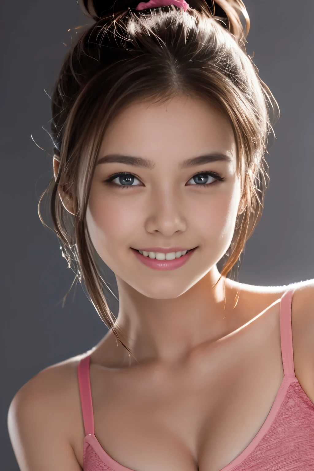 Tight shocking_pink orange top:1.2, looking at the audience, Cinema lighting, perfect, soft light, High resolution skin:1.2, Realistic skin texture, 18 years old、a small face、No makeup,Off the shoulders,Bust C cup、blue eyes, bun, dark brown hair、Completely naked、gray background、photo from the waist up、 The abdomen is visible、cute smile,