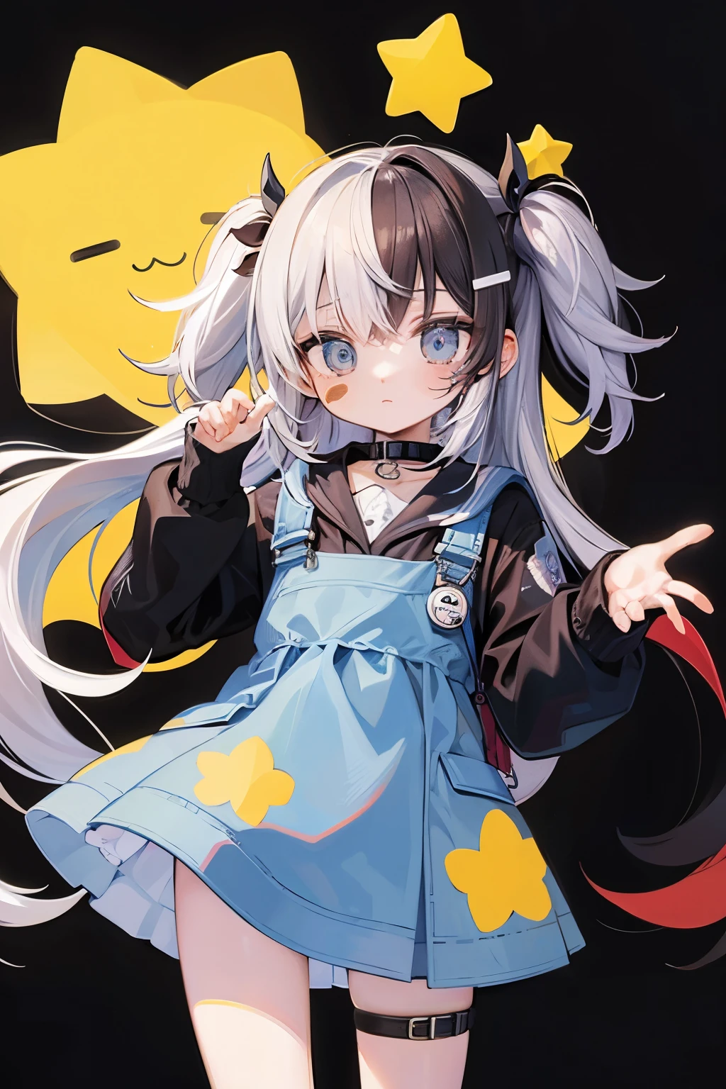 (sticker),#quality(8k,best quality, masterpiece),solo, #1girl(cute, kawaii,small ,smile,hair floating,hair color cosmic,pigtail hair,zombie skin,ghost skin ,skin color blue,pale skin,eye color cosmic,eyes shining,big eyes,damaged clothes,heavy metal costume,smirk,isolated on pink background,full body),#background(monotone,pink,no background,isolated on pink background)