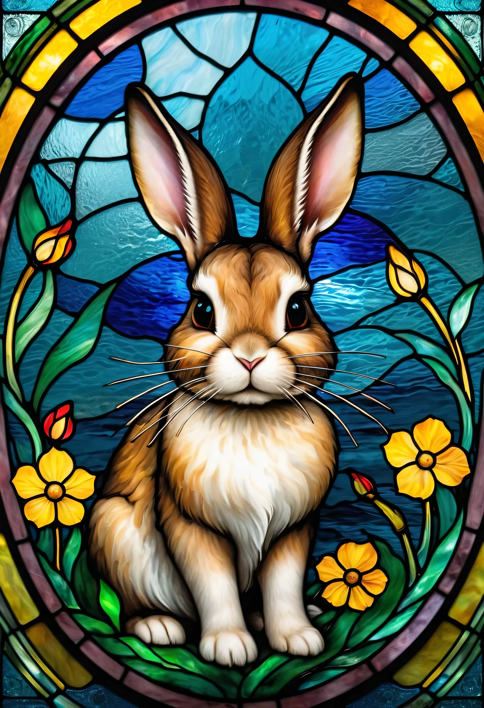 a close up of a framed picture of a rabbit in a stained glass window, vector art inspired by Louis Comfort Tiffany, behance contest winner, serial art, stained glass art, canvas art print, stained glass style, maxim verehin stained glass, high quality gloss art, stained glass, backlit stained glass, stain glass, framed in image, glowing stained glass backdrop