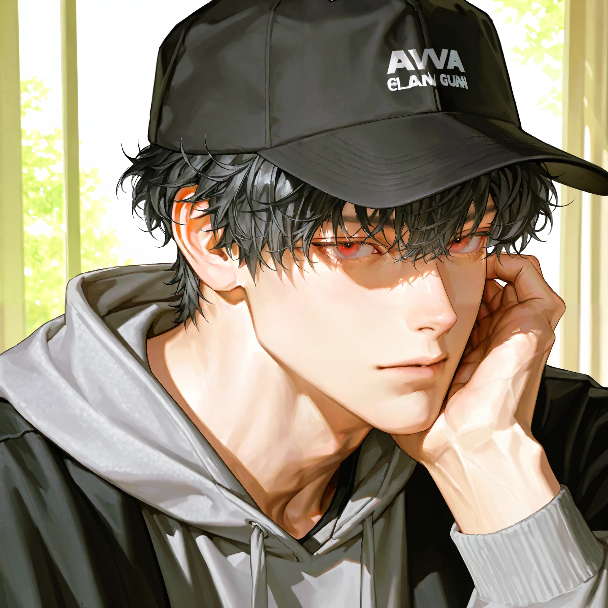 1 man with a gun(1: dark gray hair,Dark red eyes : 1)(, man 1 ) Clean skin, short hair, male-centered, handsome man, semi-realistic art , semi-realistic art style, Expressive Brushwork , vibrant brushstrokes, Impressionist picture , realistic 피부, realistic 머리카락, realistic 디테일, realistic , High Details , naturally curly hair with a head, handsome man, handsome man, male-centered, neat and clean hair, handsome, A very mature and tall , Various angles , hoodie, sweatshirt, ,Wears a hat , Cover your face, A face that is hard to see, pretty face, Hides the face.