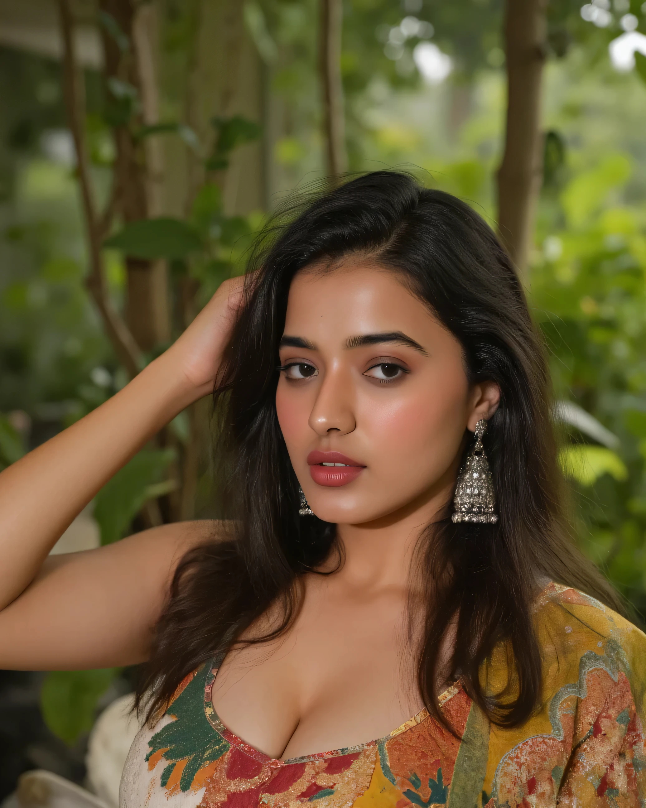 photo of indian girl having seductive facial expression and deep cleavage and look wide angle photo wearing sexy hot onepiece in garden
