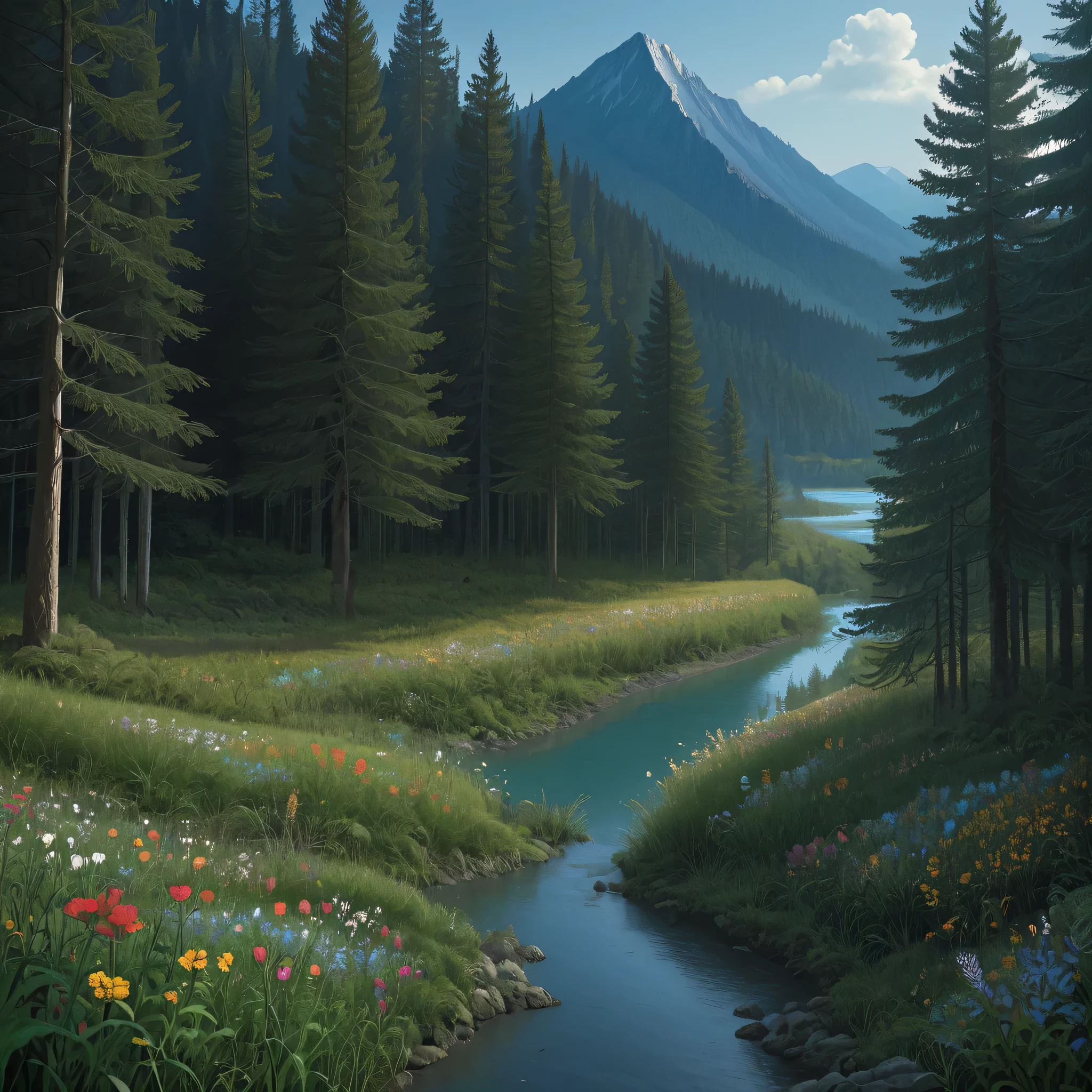 masterpiece,best quality,ultra detailed, Beautiful forest with faint light, grasses and flowers, in the mountain, mystical, extremely small and curved river, nature, background only