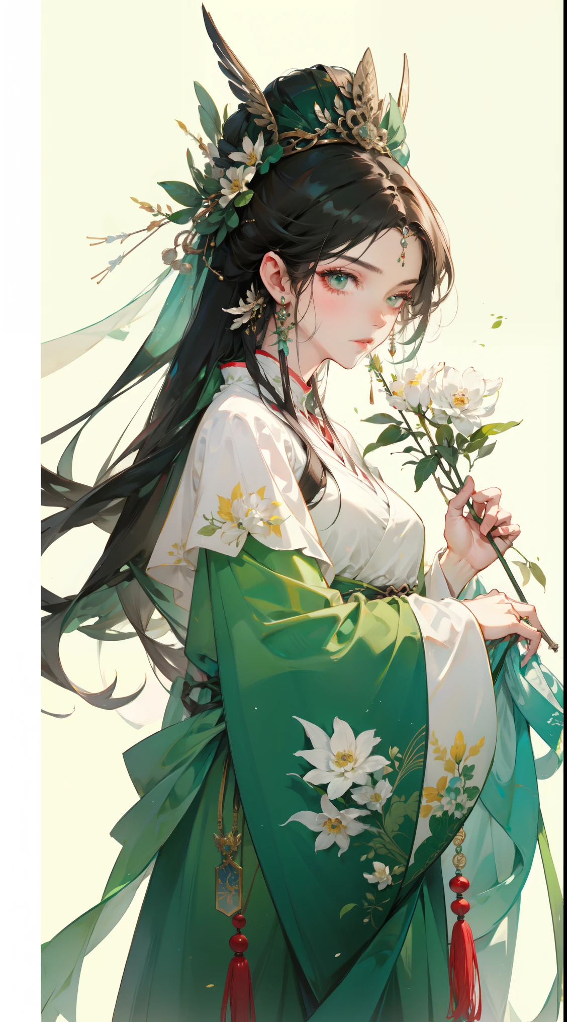 ( Masterpiece, Top, best quality , official art , Beautiful and beautiful :1.2), Fantasy art style, Beautiful Character Painting , close-up of a woman wearing a green dress and earrings, fan bingbing, Chinese style, Wearing Ancient Chinese Costume , Gratitude ring , Queen of China , Inspired by Wu Bin, aesthetics, inspired by Huang Chai , Thin long eyeliner emphasizes eye contour ,Green simple background ,Modern Chinese costume ,East-meets-West