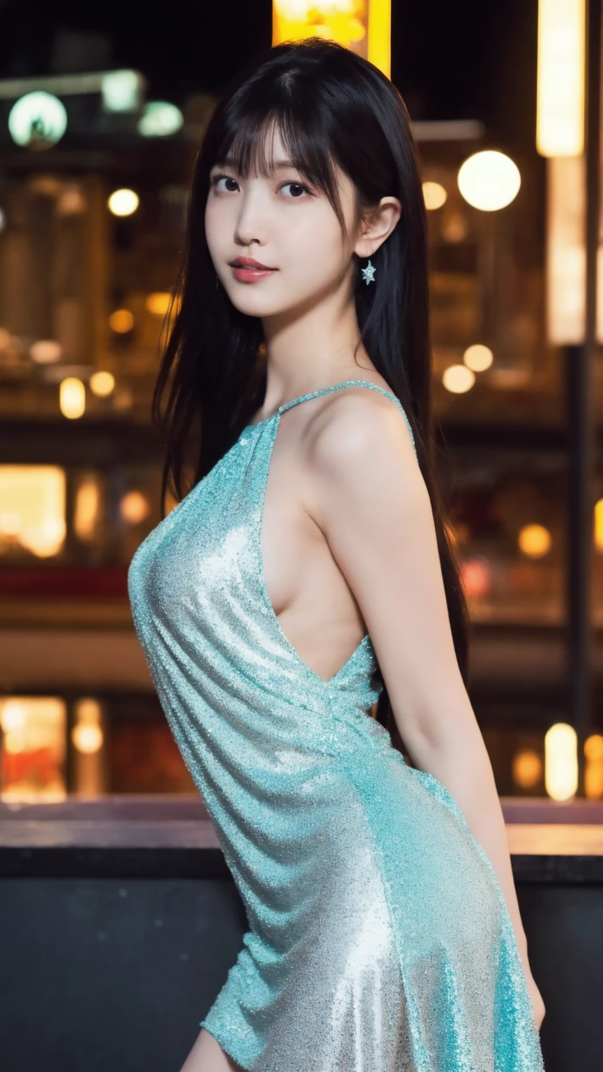 masterpiece, Highest quality, Realistic, Very detailed, Finer details, High resolution, 8k wallpaper, One beautiful woman, Wearing a lovely blue see-through bunny girl costume, Great hotel toilet, At night, Light brown messy hair, Perfect dynamic composition, Beautiful and beautiful eyes、Big earrings、Are standing、whole body