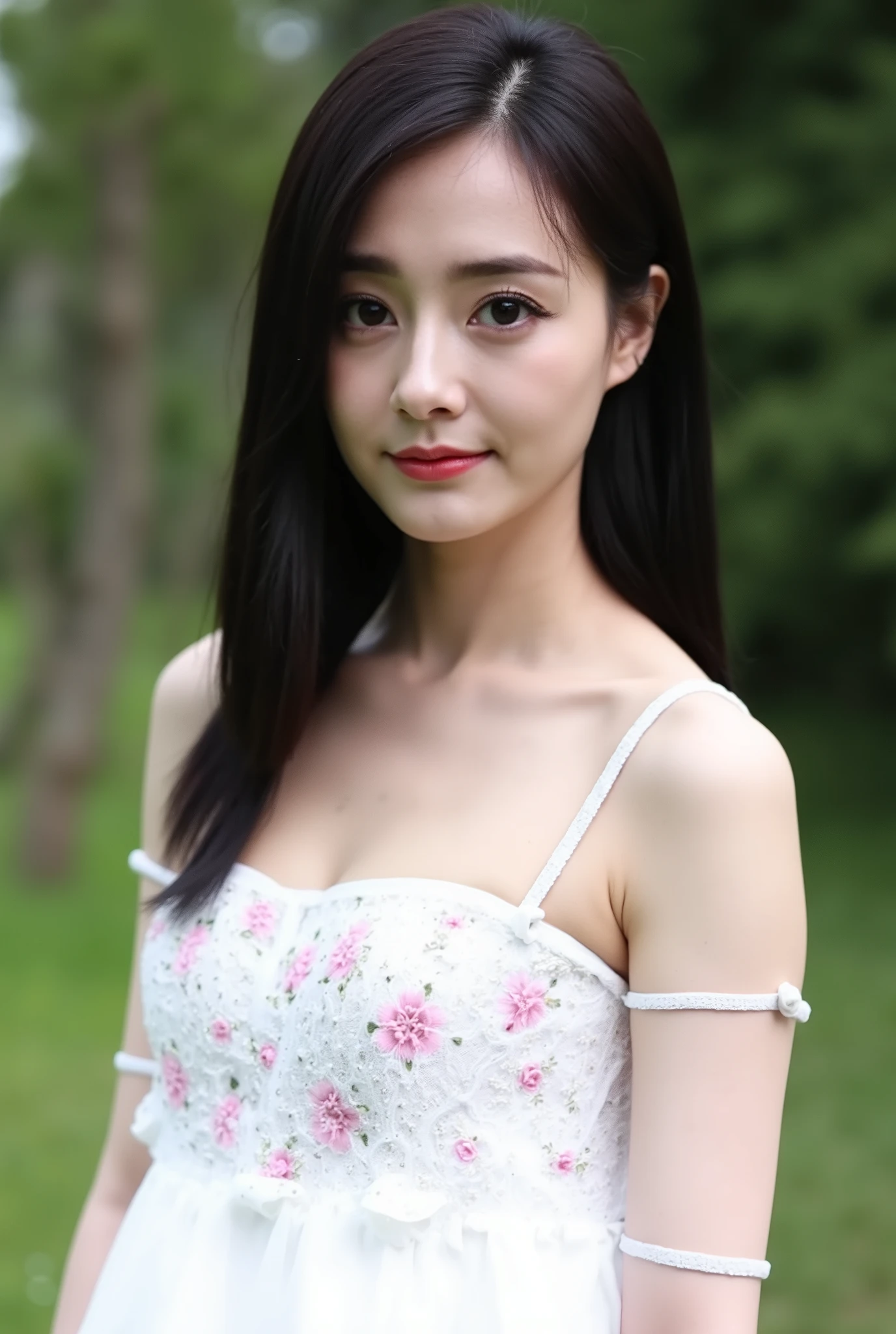 high definition professional photography stylem,natural skin texture. this is a high-resolution, ethereal photograph of a young asian woman with an ethereal, dreamy quality. Retro movie style film photography,clear picture of a young  lady,IMG_1025.HEIC. The soft lighting casts gentle shadows,enhancing the sexy and seductive mood of the photo. The image portrays a young woman with long, straight black hair that falls naturally onto her shoulders. Her eyes are large and expressive, with a gentle gaze directed towards the camera. The lighting in the photo is soft and natural, highlighting her facial features and the subtle makeup she is wearing.She is dressed in a white off-the-shoulder dress with thin straps, which reveals part of her shoulders. The dress has a floral pattern on the bodice, adding a touch of elegance to her outfit. The fabric of the dress appears lightweight and flowy, suggesting a summery or springtime setting.The overall impression is one of simplicity and elegance, with a focus on the woman's natural beauty and the delicate details of her attire. The background is blurred, drawing attention to her figure and the intricate design of her dress. The soft lighting enhances the romantic and dreamy atmosphere of the image.