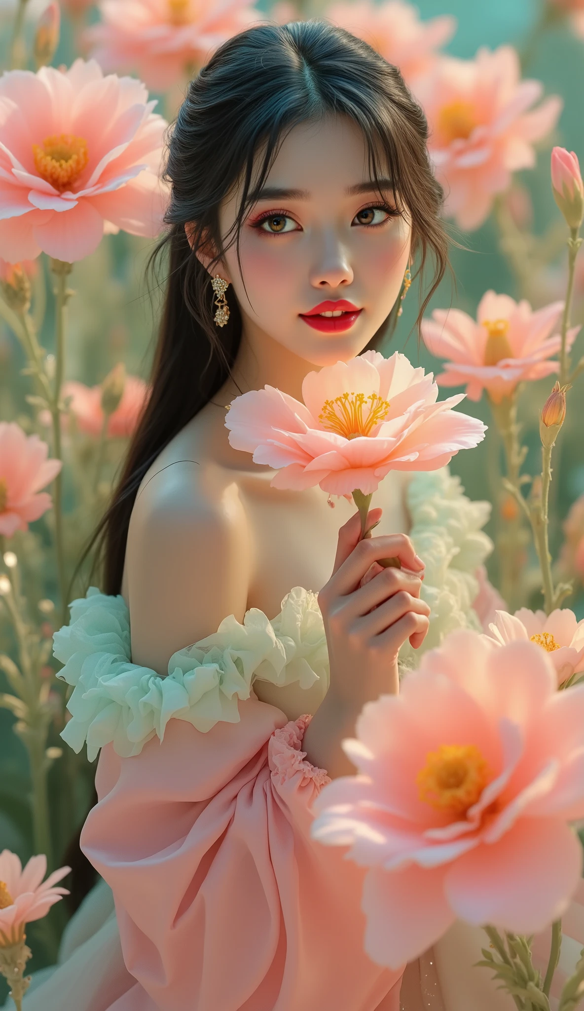 Big close up,a beautiful young Korean Thai woman with a cute face, very charming, big eyes, bright pink white skin, charming, aura, Very long straight hair wearing a gown Diamond gem collar soft green pink ruffled shawl There are sparkling gold carvings on the long, flowing flowing dress Posing carrying a big flower There are many flower petals on one stem In hand Sitting on a Above the Giant Flower Petals beautiful pearl shell background Spiral glass flower corridor giant neon glass flowers Dangling Many heart crystals hang down sparklingly HDR