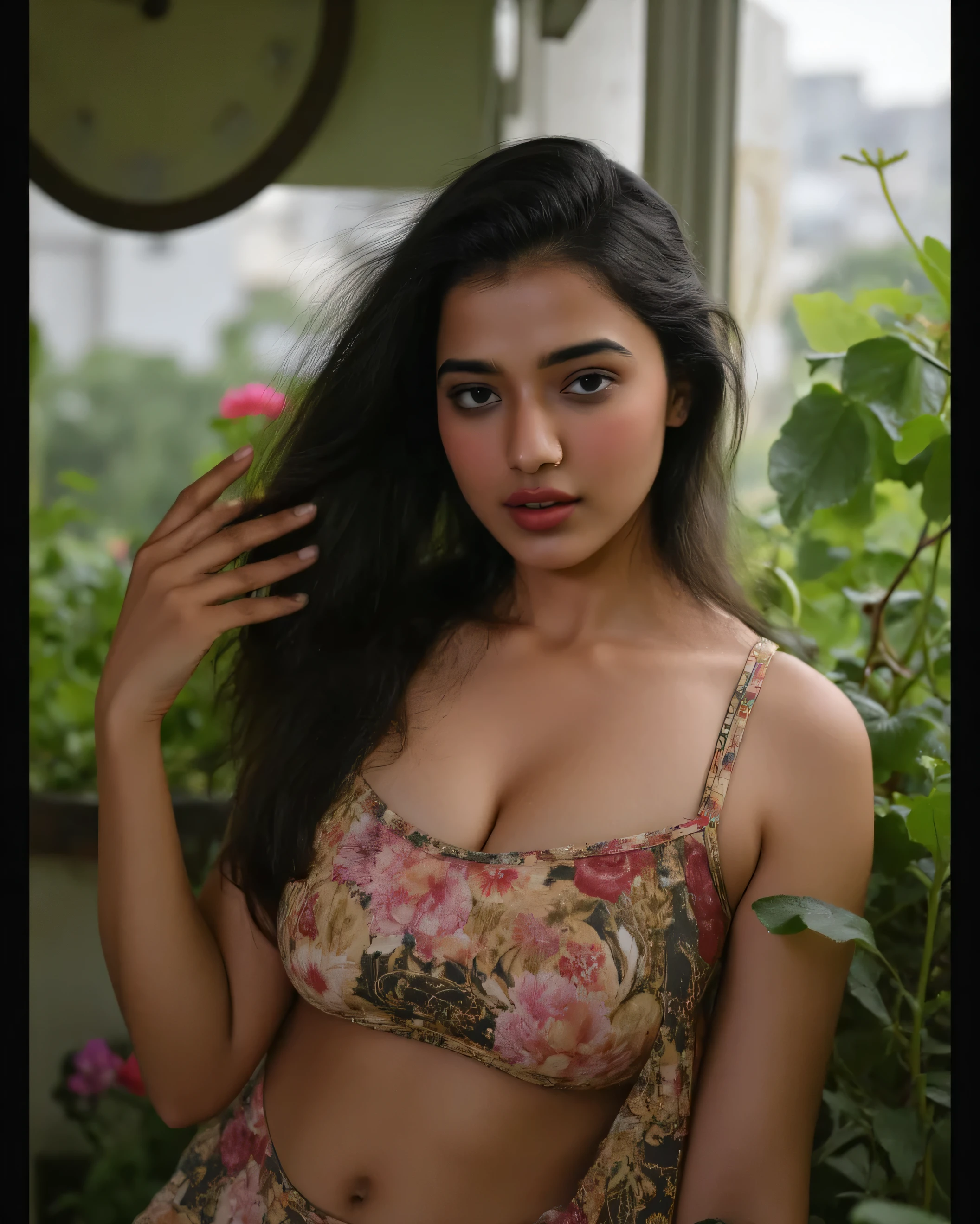 (8K, Raw Photo, Photorealistic:1.5), beautiful 25 years old indian woman, (big bright green eyes:1.2), dark hair, Chanel hair, chubby, (small breast: 1.5), wearing a white babydoll with floral prints, no bra, , sitting in a brown leather armchair, living room, looking to the outside, rainned day, drops rain in the window, sad look, volumetric light, dust shining in the air, (low angle camera: 1.5), hyper realistic, highly detailed, beautiful face, alluring