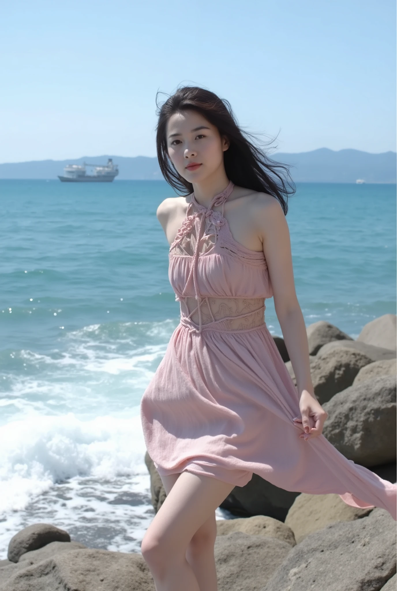 high definition professional photography stylem,natural skin texture. A high-resolution, ethereal photograph captures a young Asian woman in a dreamy, retro movie style reminiscent of classic film photography. The soft, ambient lighting casts gentle shadows, heightening the seductive atmosphere of the image. The woman stands gracefully on a rocky beach near the sea, her figure framed by the waves crashing softly at her feet. She wears a sleeveless, knee-length dress in light pink, its fabric flowing delicately in the breeze. The dress features a high neckline and crisscross lacing details along the bodice, enhancing its elegant yet sensual feel. Her long, dark hair falls naturally over her shoulders, adding to the effortless, captivating beauty of the scene. In the background, the serene ocean stretches endlessly toward the horizon, where distant mountains are faintly visible. A lone ship glides across the water, its presence subtle yet adding a touch of timelessness to the composition. The weather is sunny, with a vibrant blue sky that contrasts beautifully with the soft tones of the woman's attire, creating a harmonious and perfect scene.