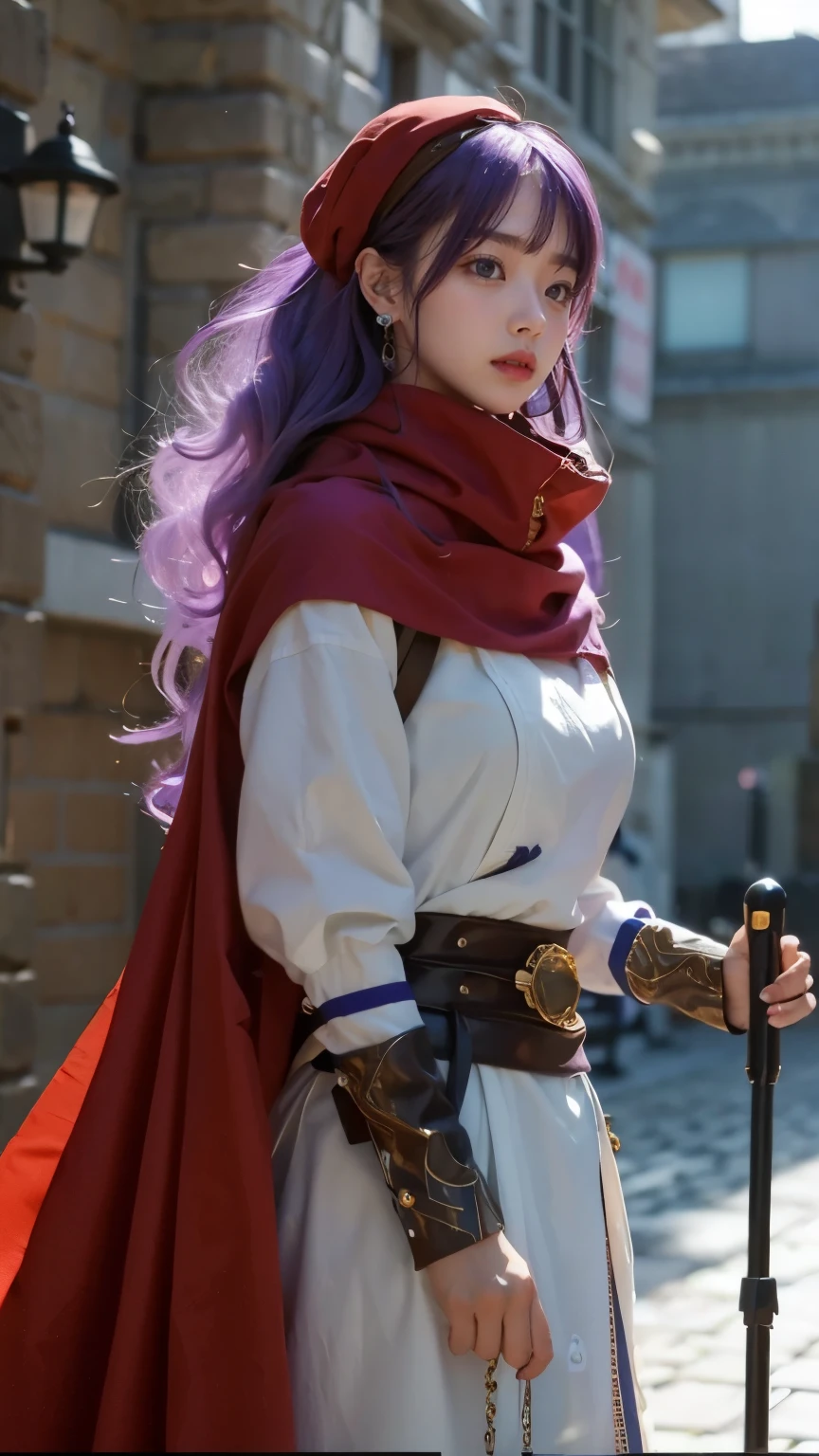( cute face. purple hair)、naked clear coat.dq pom , Long Curry . Blonde, earrings.、 top quality , bangs , small head :1.3 Ultra Realistic :1.2 , Masterpiece, top quality , More details, realistic lighting .A Broader Perspective. 、 fantasy .