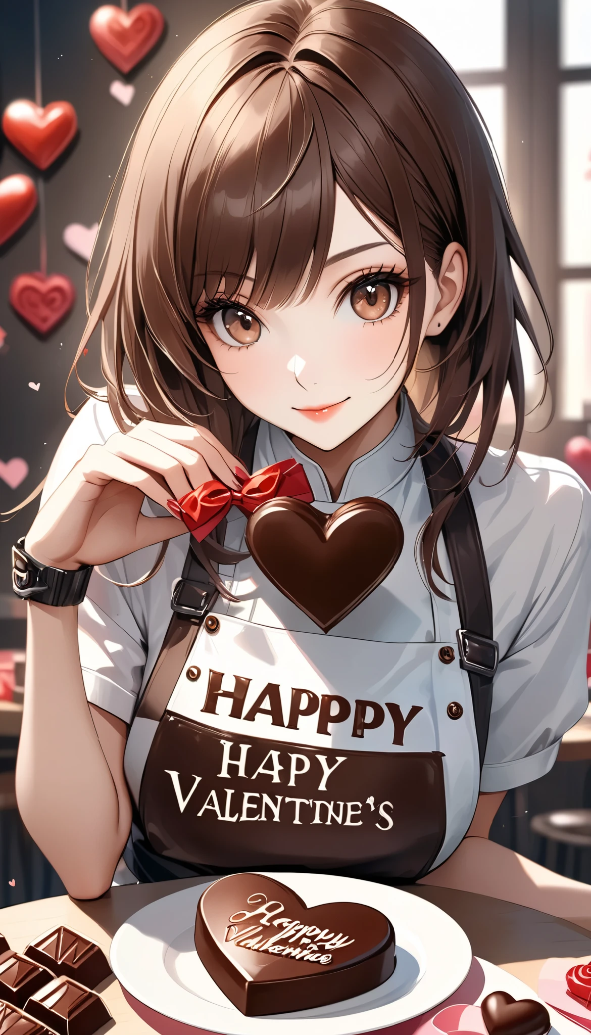 Ultra High Resolution, ((ADULT WOMAN HANDING YOU VALENTINE'S DAY CHOCOLATE ), happy valentine's day, Alone, COOL BOYISH FEMALE , Rock punk style appearance, cute and lean beauty, ( BREAK She Likes Faded Orange Chocolates , Aiming to Be a Pastry Chef , \Maiden Heart in Love \)), BREAK attractively wrapped Valentine's Day chocolate, BREAK charming blur, vivid chocolate with real detailed shape, Premium watercolor style, Realism, 8k, chocolate text "happy valentine", ROUGH