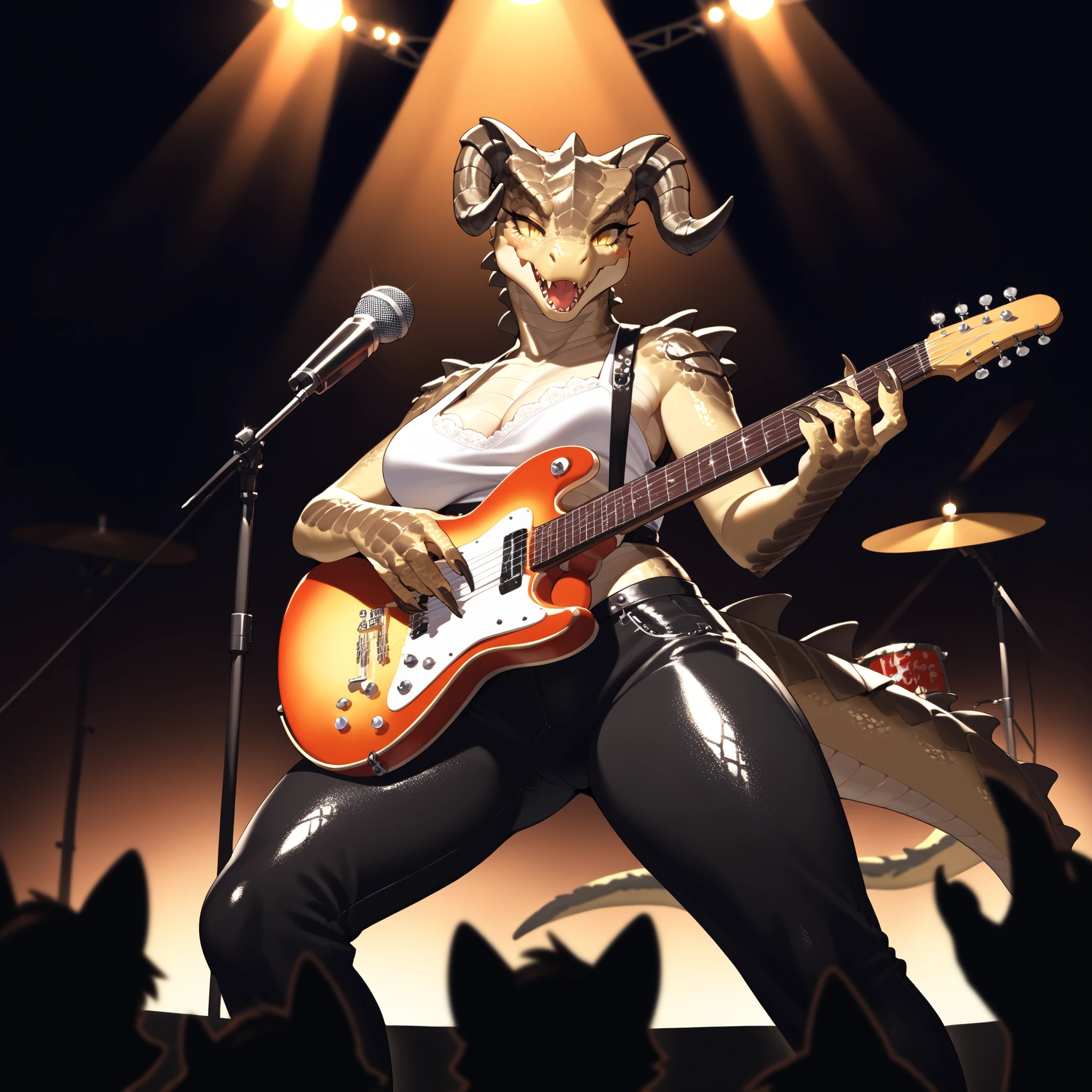 score_9, score_8_up, score_7_up, source_anime BREAK anthro deathclaw girl, rock concert, on stage,holding guitar, microphone stand, drum set, (concert lights,spotlight) wearing leather pants, lace top, ((character focused, perfect shadows, perfect eyes, shiny scales, ))