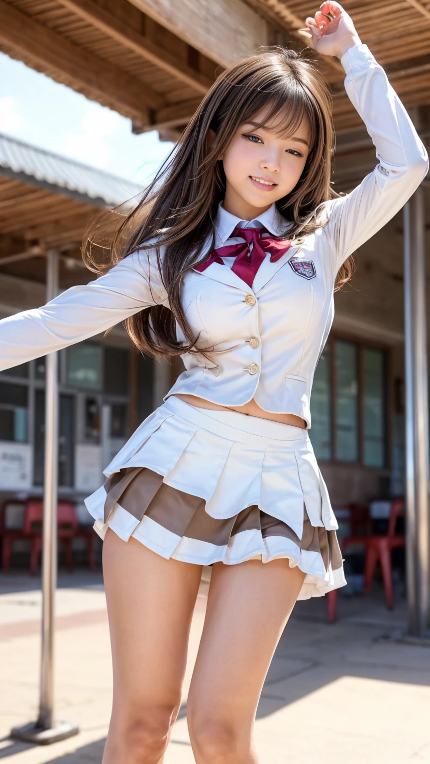 masutepiece, Best Quality, Ultra-detailed, finely detail, hight resolution, 8K Wallpaper, Perfect dynamic composition, Beautiful detailed eyes,Medium Hair, Natural Color Lip,Smile,(Wearing a brown school blazer uniform:1.3),(Longhair:1.3),Standing in the park,(The wind blows and flips up my brown pleated skirt, There&#39;s a big bulge in his white panties:1.8),cowboys_shot,A boy who looks like an 18 year old girl,Backlighting, big bulge in underwear panties:2.0, flat breast:1.8, He is a boy with incomparable beauty