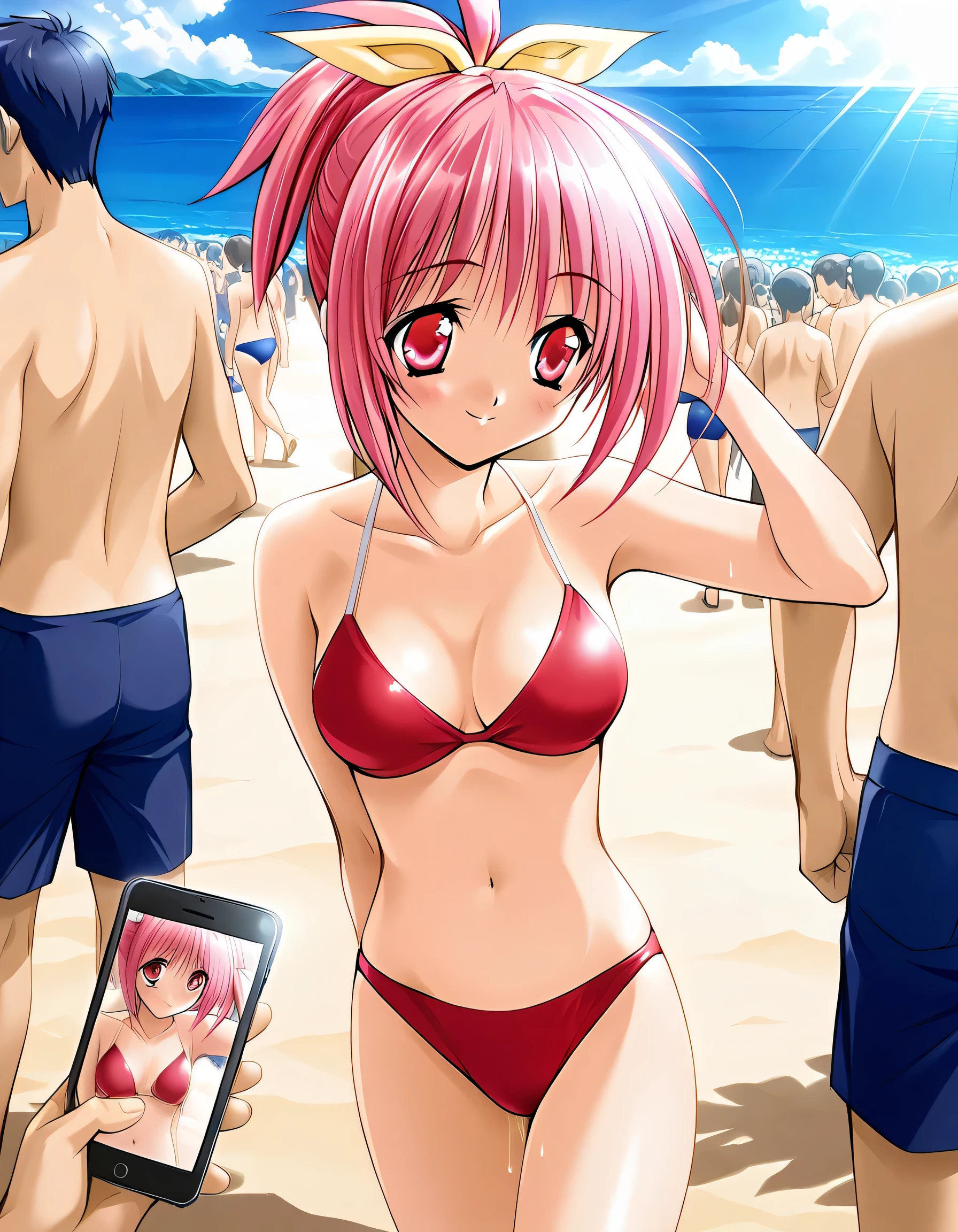 masterpiece, best quality, official art, amazing quality, ultra highres, very aesthetic, highly detailed,
1girl ,Serina, shiny eyes, beautiful detailed eyes, BREAK
red bikini,smile,((sunlight)),((look away)),(walking),arm behind back,hand in own hair,
standing,seaside,swimsuit crowd,cowboy shot, highly detailed,nsfw,pov, holding smartphone, phone, cellphone,