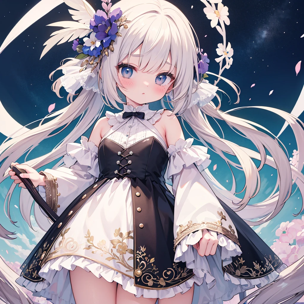 her very long white hair flows down to her shoulders。A blue rose hair ornament was embedded on the right side of her head.。On the left side of her head was a pale blue lotus flower decoration that shone faintly and was impressive.。Her blue eyes are framed by coarse hair.、Standing facing this side with a smile。She has small breasts and wears a black blouse.,It was covered from the shoulders to the upper arms with short lantern sleeves.。A white line clearly stands out on the collar of the blouse.、Finished with a navy ascot、The tie ring decorated with gold coins was shining.。A large navy blue overskirt spread out like petals.、white petticoat peeking out。A black underbust corset with yellow lace peeks out above it.。 Her platform shoes had square toes。Ankles are decorated with ankle strap shoes。