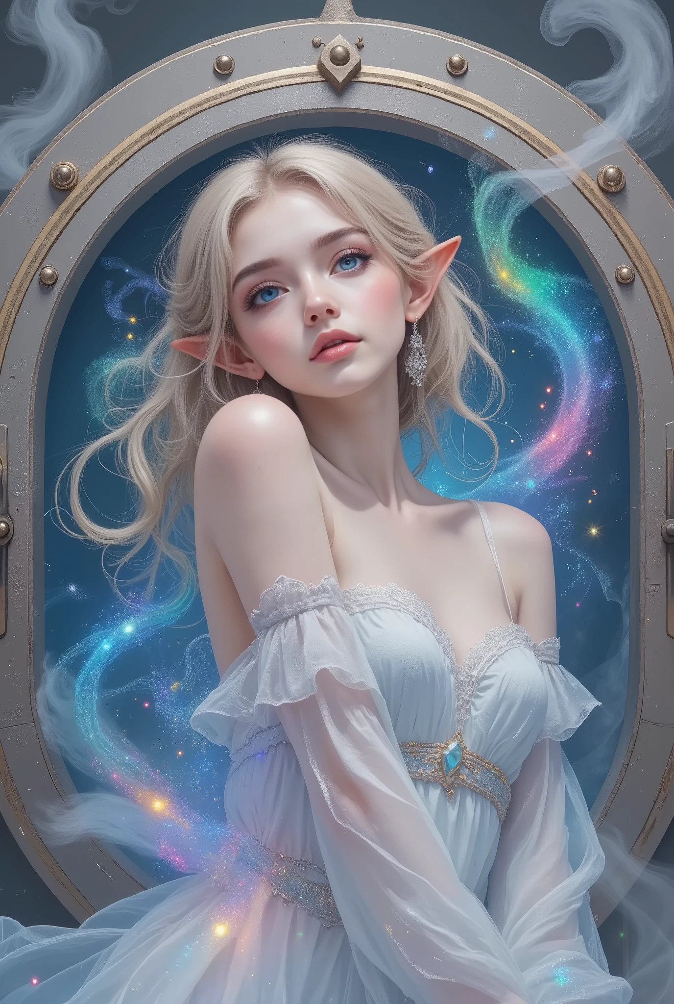 ultra detailed, absolutely resolution, masterpiece.
fantasy beautiful elves, when the thick steel door opens, a dazzling light and smoke rises and a beautiful elf appears from within, updo hair, wearing heavenly maiden costume.
various colorful iridescent foggy glitter effects.
extremely delicate depiction, extremely clear image, conceptual installation fantasy art