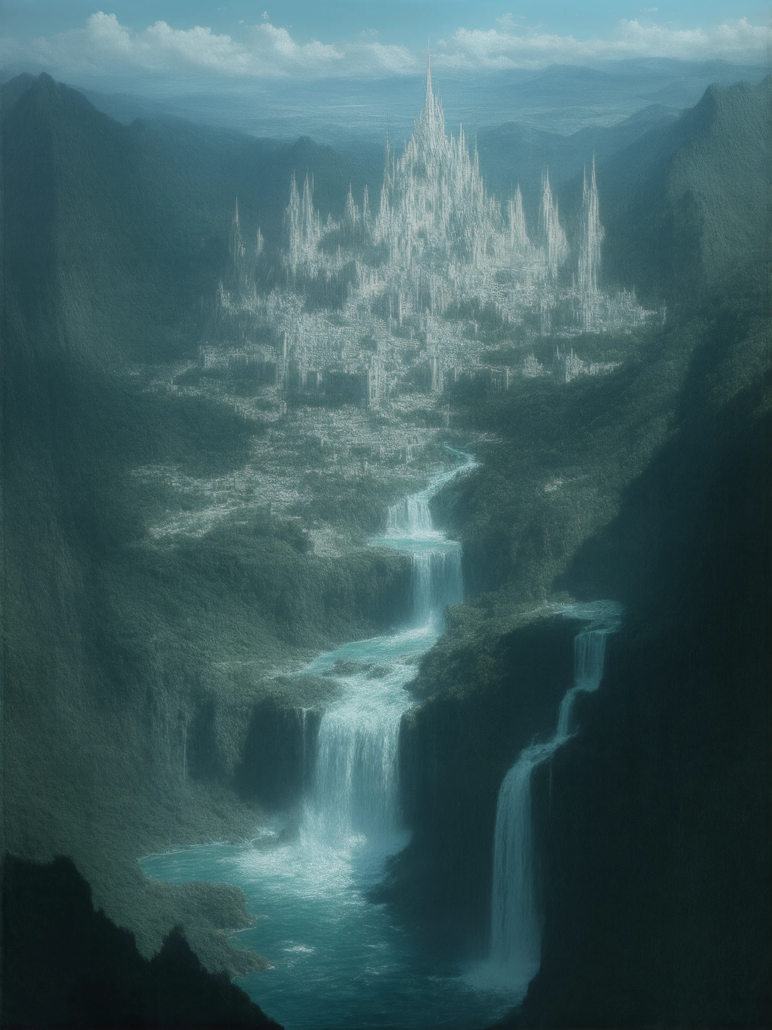 (8k, top quality, Masterpiece , Final  fantasy Style: 1.2),Atmospheric perspective, 8k, Very detailed, Accurate, Highest quality, masterpiece, Very detailed,Sharp focus, High resolution, ,  Amano Yoshitaka's Masterpieces,  is expressed in every detail,  the citadel city built in the valley 、 the intense light blue mountain stream flow 、 Chalk Palace 、 Gothic Buildings 、A majestic fortified city decorated with marble、the large waterfall that flows down the warning 、The church is in the center of the city 、 the ramparts surrounding the city 、  fantasy、Clear Sky、