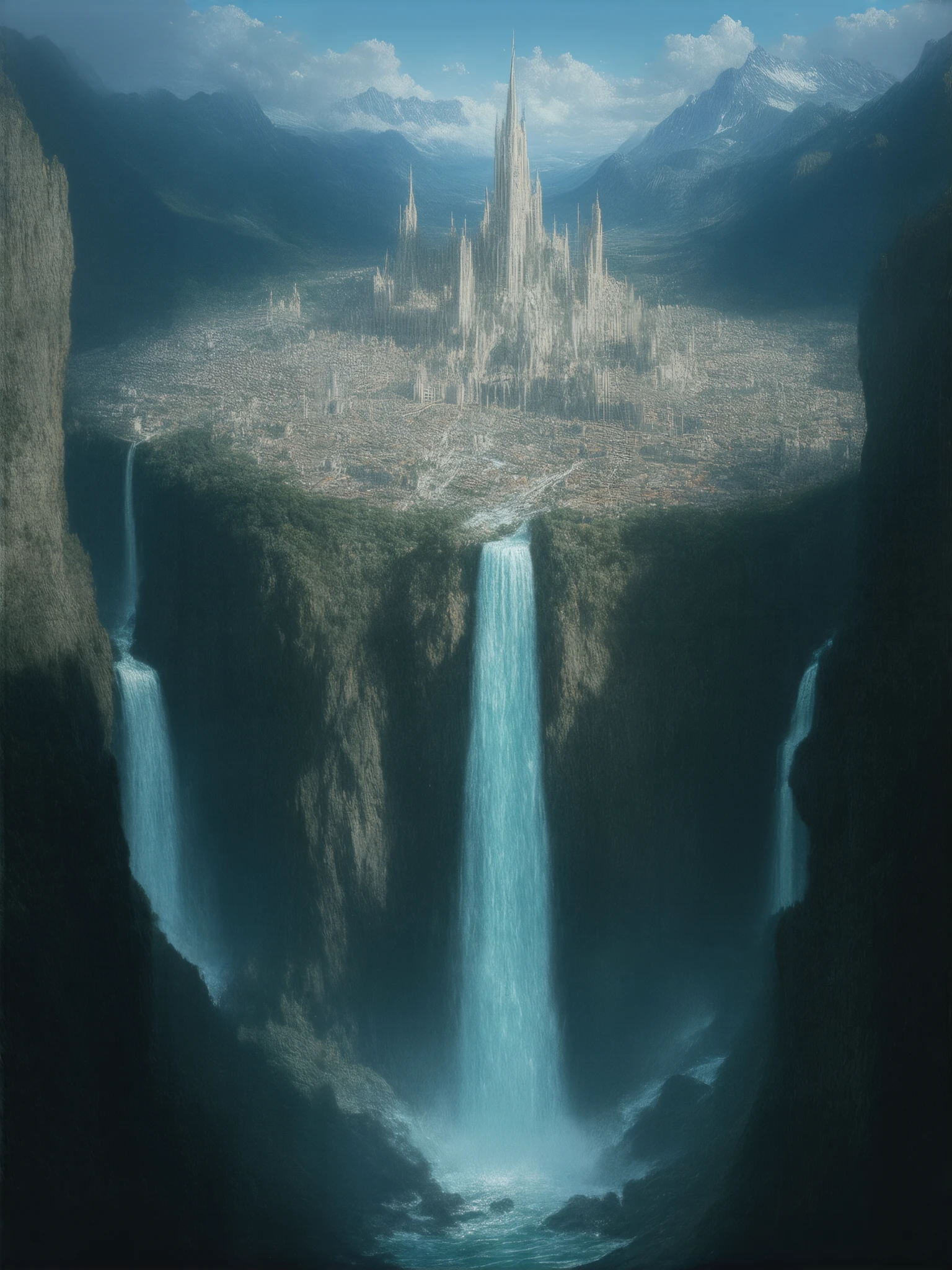 (8k, top quality, Masterpiece , Final  fantasy Style: 1.2),Atmospheric perspective, 8k, Very detailed, Accurate, Highest quality, masterpiece, Very detailed,Sharp focus, High resolution, ,  Amano Yoshitaka's Masterpieces,  is expressed in every detail,  the citadel city built in the valley 、 the intense light blue mountain stream flow 、 Chalk Palace 、 Gothic Buildings 、A majestic fortified city decorated with marble、the large waterfall that flows down the warning 、The church is in the center of the city 、 the ramparts surrounding the city 、  fantasy、Clear Sky、