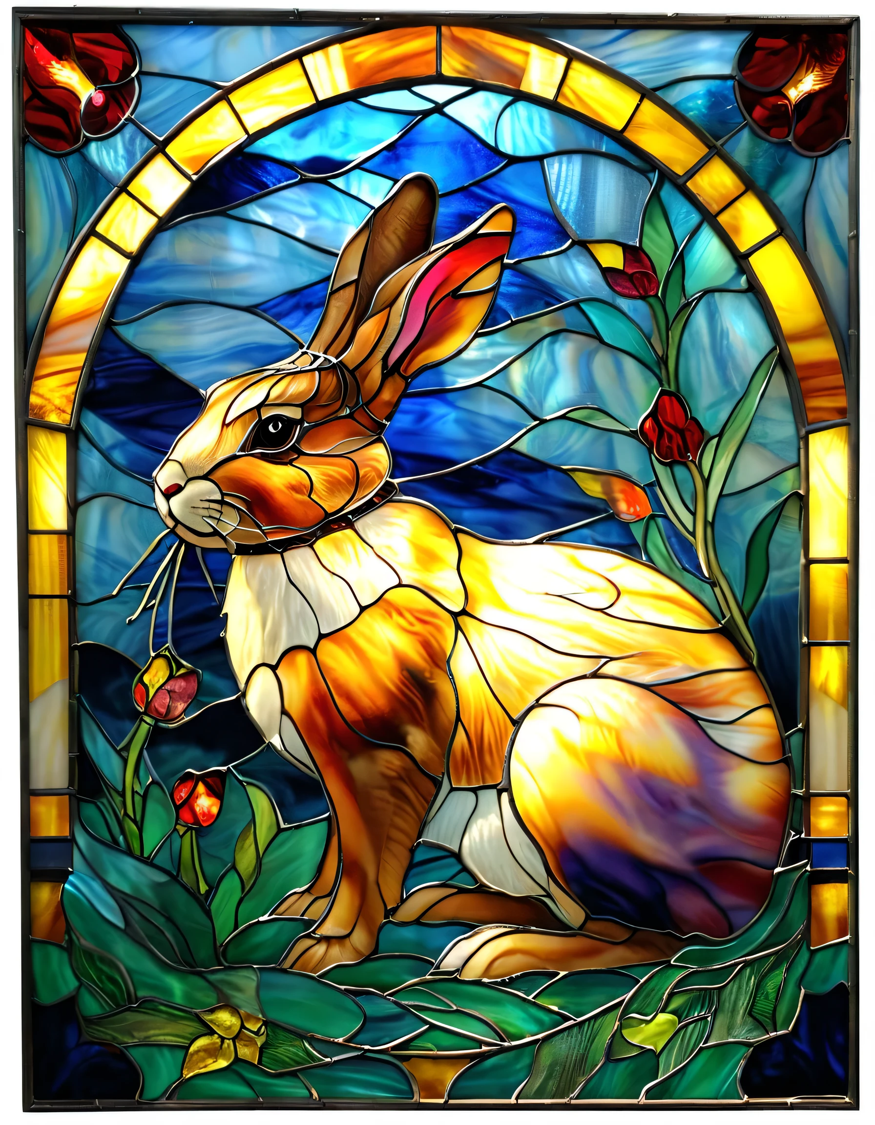 a close up of a framed picture of a rabbit in a stained glass window, vector art inspired by Louis Comfort Tiffany, behance contest winner, serial art, stained glass art, canvas art print, stained glass style, maxim verehin stained glass, high quality gloss art, stained glass, backlit stained glass, stain glass, framed in image, glowing stained glass backdrop