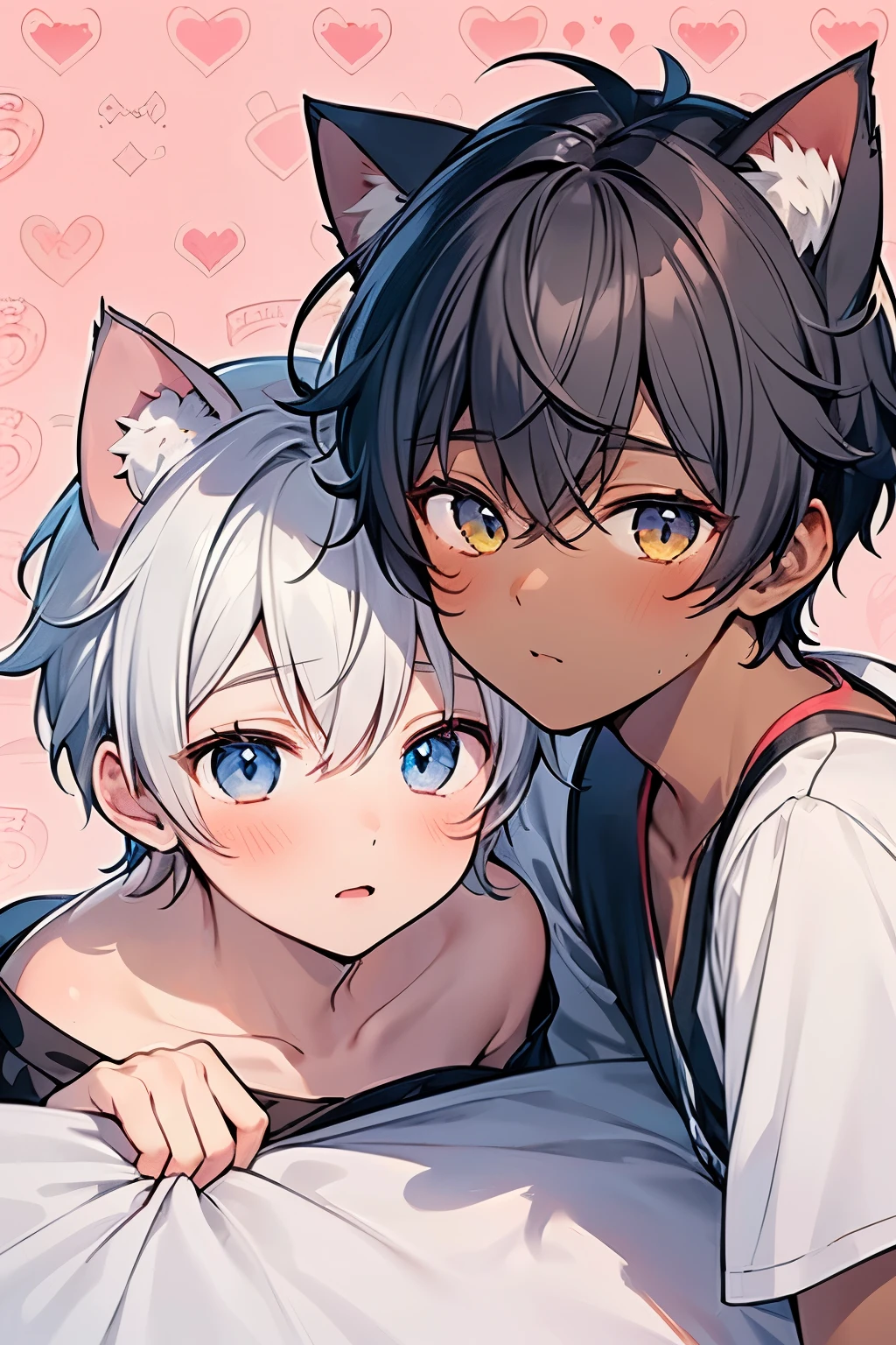 ((2-boy:1.15)),((handsome gay:1.15)),((gay:1.2)), medium hair,((narrow one’s eyes:1.0)), beautiful boy, skinny, multiple boys , boys 6 and 5,Yaoi,((kiss:0.8)),((dark skin body:1.0)),close up face,((lie in bed:1.0)),(heart pattern background:1.15),((cat ears:1.2)),((cat tail:1.0))