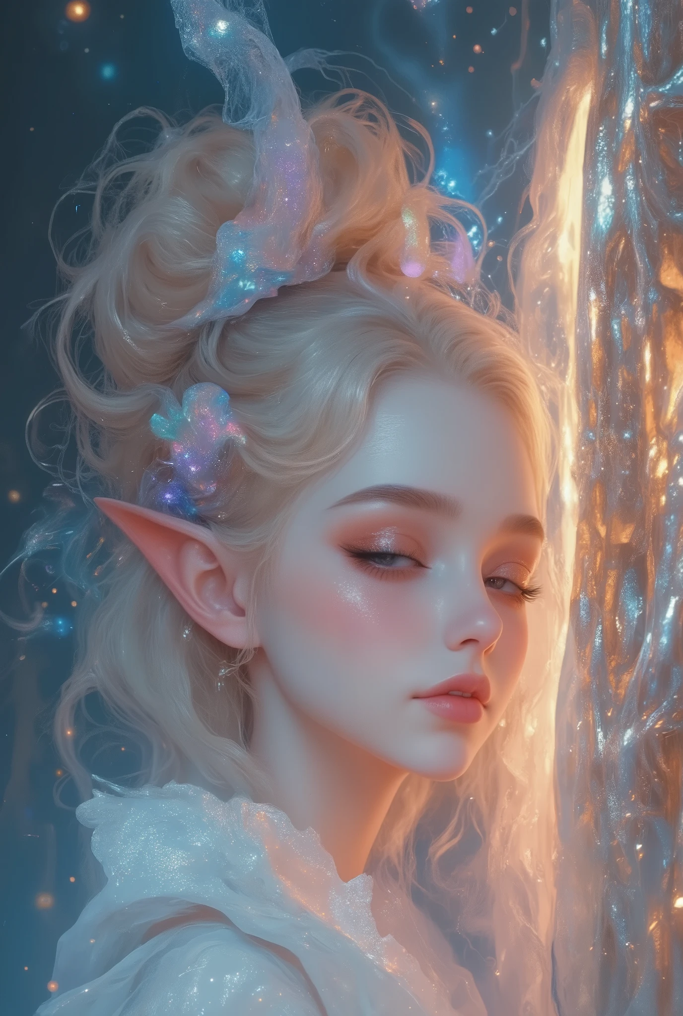 ultra detailed, absolutely resolution, masterpiece. 
fantasy beautiful elves, when the thick steel door opens, a dazzling light and smoke rises and a beautiful elf appears from within, updo hair, wearing heavenly maiden costume. 
various colorful iridescent foggy glitter effects. 
extremely delicate depiction, extremely clear image, conceptual installation fantasy art