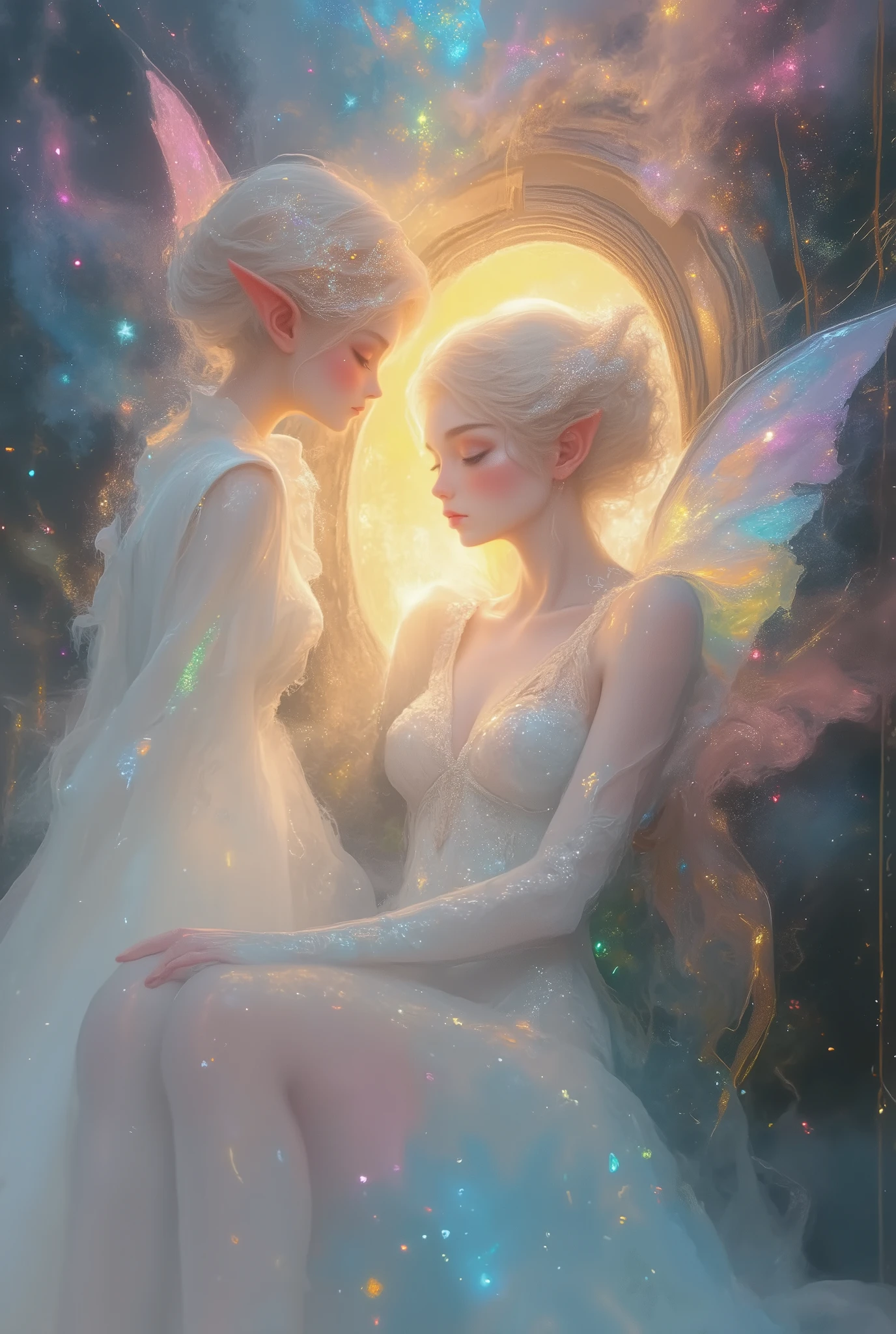 ultra detailed, absolutely resolution, masterpiece.
fantasy beautiful elves, when the thick steel door opens, a dazzling light and smoke rises and a beautiful elf appears from within, updo hair, wearing heavenly maiden costume.
various colorful iridescent foggy glitter effects.
extremely delicate depiction, extremely clear image, conceptual installation fantasy art