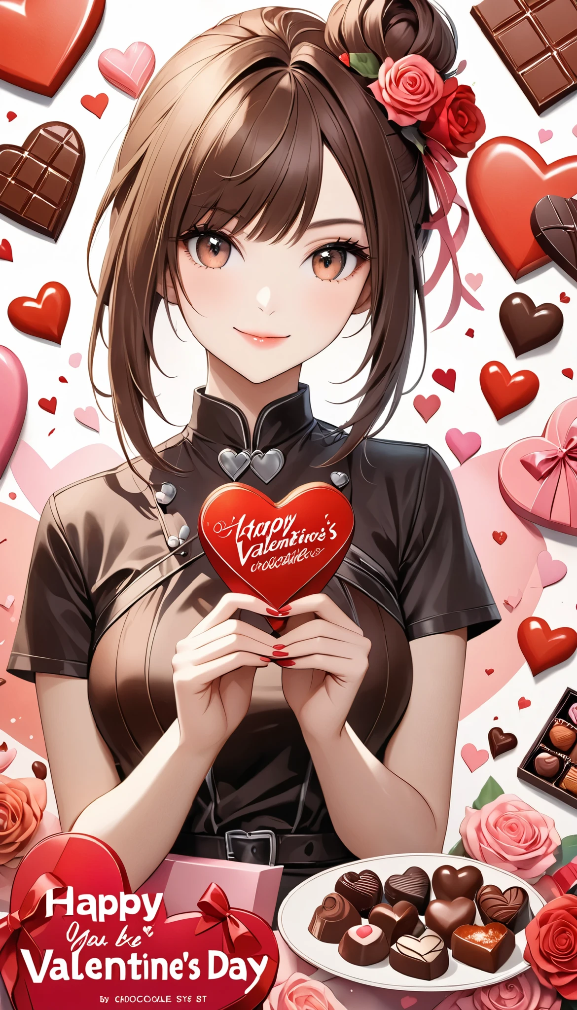 Ultra High Resolution, ((ADULT WOMAN HANDING YOU VALENTINE'S DAY CHOCOLATE ), happy valentine's day, Alone, COOL BOYISH FEMALE , Rock punk style appearance, cute and lean beauty, ( BREAK She Likes Faded Orange Chocolates , Aiming to Be a Pastry Chef , \Maiden Heart in Love \)), BREAK attractively wrapped Valentine's Day chocolate, BREAK charming blur, vivid chocolate with real detailed shape, Premium watercolor style, Realism, 8k, chocolate text "happy valentine", ROUGH