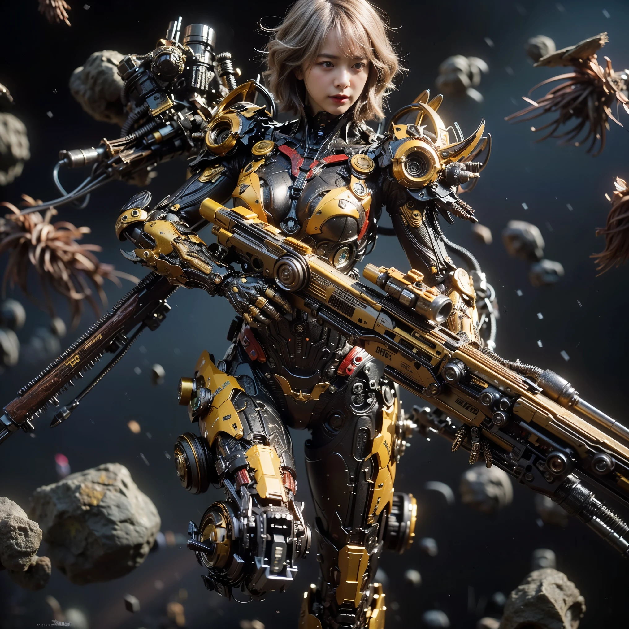 (Completely live action:1.37), (Amazingly realistic textures:1.37), (masterpiece, best quality:1.2), (8k uhd, 16k, 32k, ultra high res), amazingly realistic skin, amazingly realistic photo, superrealism, (photorealistic:1.37), (RAW photo), ultimately realistic, (ultimately realistic all details), (ultimately realistic all textures), super realistic lighting, super realistic shadow, (japanese girl:1.5), ((young face)), smiling, happy, super realistic face, ultimately realistic skin, ultimately realistic eyes, (amazing droopy eye makeup:1.35), ultimately realistic background, ultimately realistic detail up, kkw-ph1, ((amazing droopy eyes, cyberpunk-style cyborg girl, amazingly intricate details, Anatomically perfect hands, mechanical body, silver knight armor, ultra glossy texture, long canine tooth, red eyes))
