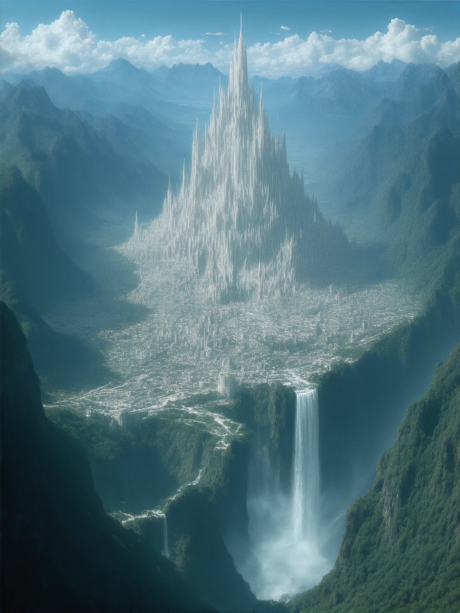 (8k, top quality, Masterpiece , Final fantasy Style: 1.2),Atmospheric perspective, 8k, Very detailed, Accurate, Highest quality, masterpiece, Very detailed,Sharp focus, High resolution, fantasy Elves , Amano Yoshitaka's Masterpieces, is expressed in every detail, the citadel city built in the valley 、 the intense light blue mountain stream flow 、 Chalk Palace 、 Gothic Buildings 、A majestic fortified city decorated with marble、the large waterfall that flows down the warning 、The church is in the center of the city 、 the ramparts surrounding the city 、 fantasy、Clear Sky、