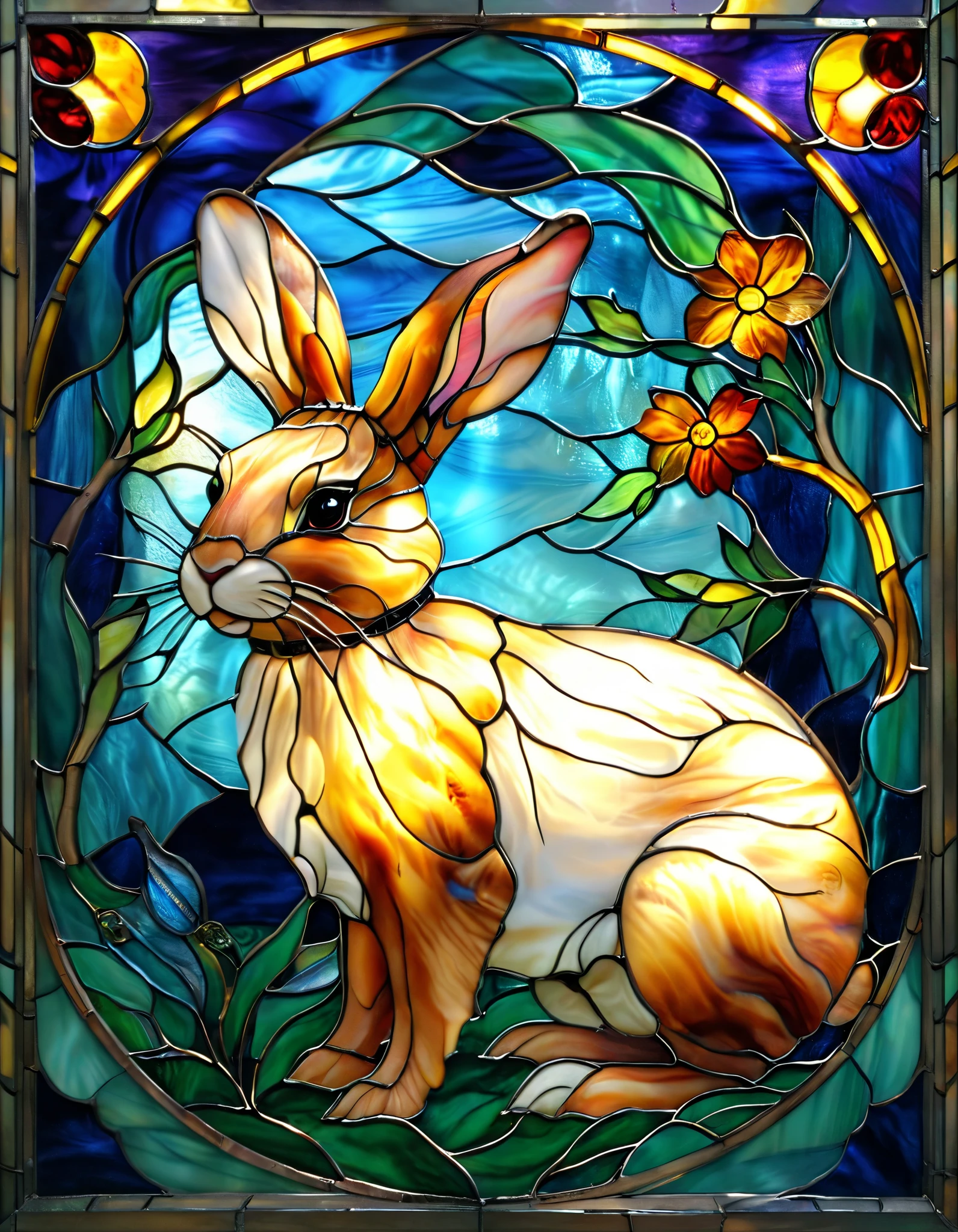 a close up of a framed picture of a rabbit in a stained glass window, vector art inspired by Louis Comfort Tiffany, behance contest winner, serial art, stained glass art, canvas art print, stained glass style, maxim verehin stained glass, high quality gloss art, stained glass, backlit stained glass, stain glass, framed in image, glowing stained glass backdrop