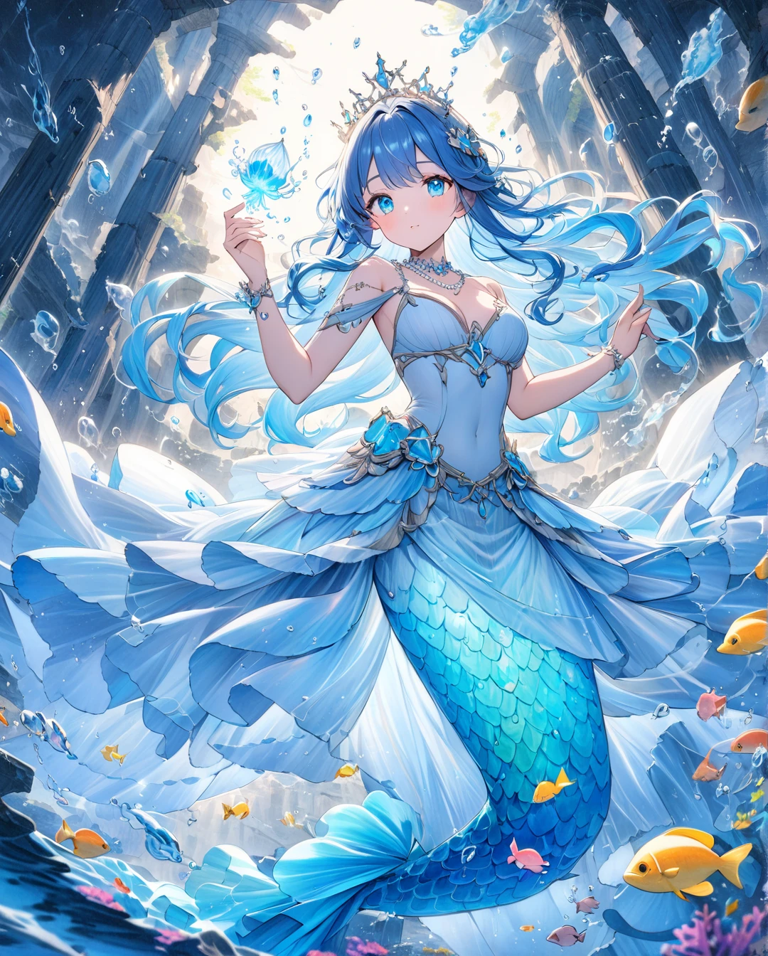 ultra detailed artistic photography, Underwater portrait, Dreamy, Glowing, The light from the back window is backlighted, Shadows, oil on the canvas, smooth, hyper HD, 8K, super sharp focus,  masterpiece of intricate artwork, Flowing costumes, Highly detailed, vibrant, production cinematic character render, ultra high quality model