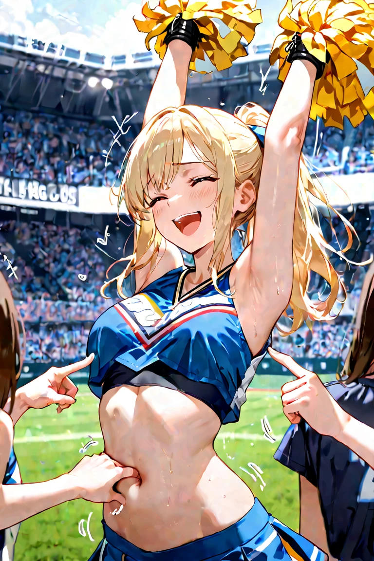 masterpiece, 3girls, 4k, cinematic, beautiful woman tied to post in center of football field, fair skin and blonde ponytail, cheerleader uniform, stretching, arms bound above head, (exposed midriff), (perfect navel), (tickling stomach), tickling sides, (finger in navel), poking midriff, ticklish, vulnerable, laughing, gang tickling, crowd