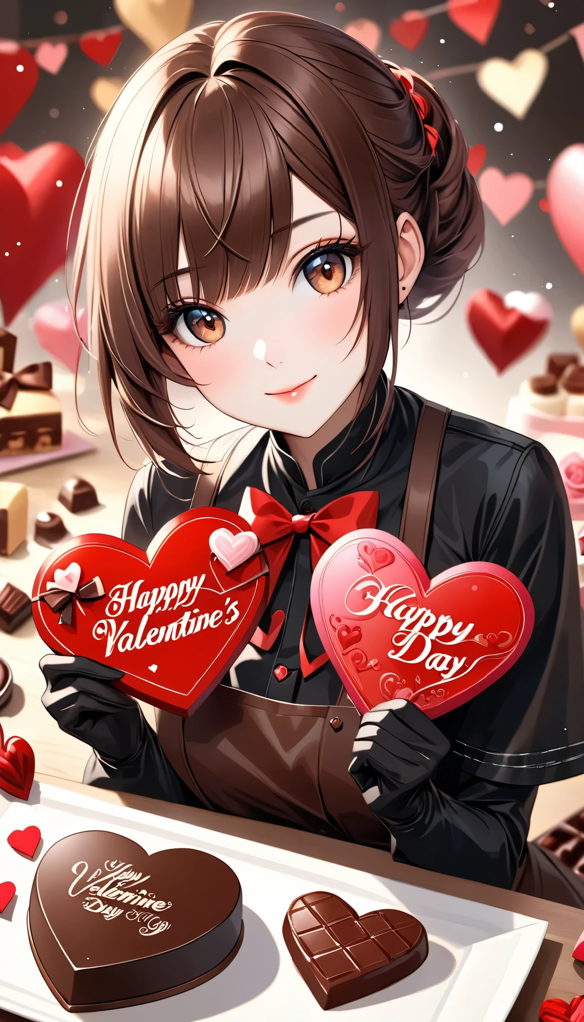Ultra High Resolution, ((ADULT WOMAN HANDING YOU VALENTINE'S DAY CHOCOLATE ), happy valentine's day, Alone, COOL BOYISH FEMALE , Rock punk style appearance, cute and lean beauty, ( BREAK She Likes Faded Orange Chocolates , Aiming to Be a Pastry Chef , \Maiden Heart in Love \)), BREAK attractively wrapped Valentine's Day chocolate, BREAK charming blur, vivid chocolate with real detailed shape, Premium watercolor style, Realism, 8k, chocolate text "happy valentine", ROUGH