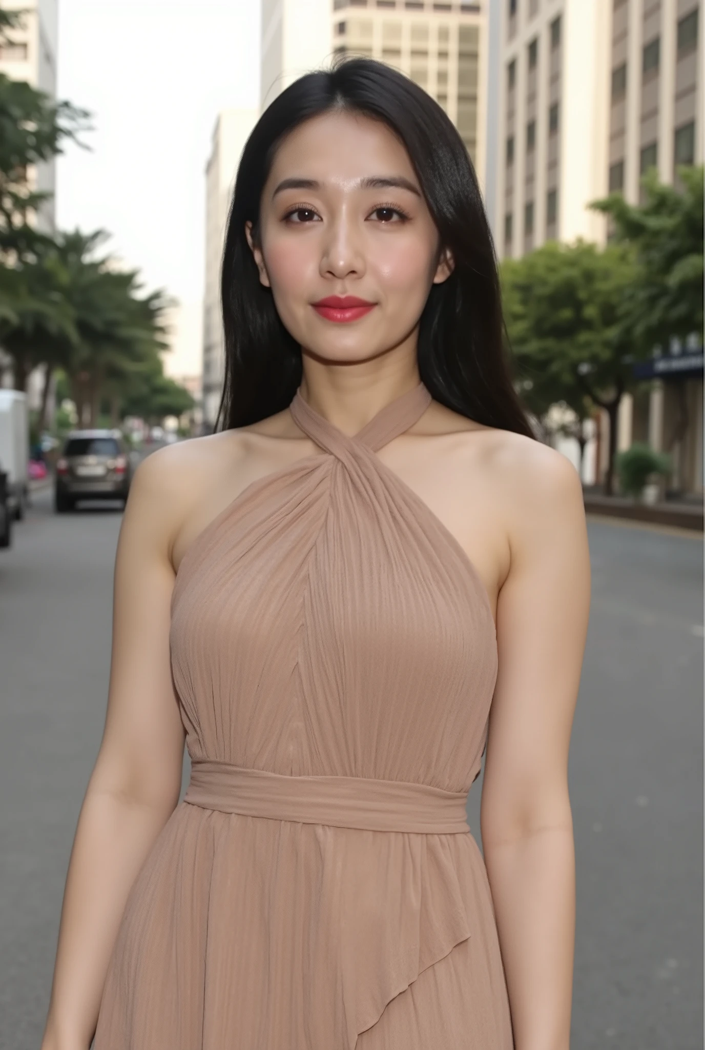 high definition professional photography stylem,natural skin texture. A high-resolution, ethereal photograph of a young Asian woman exuding a dreamy, vintage film photography vibe. She stands confidently on a lively city street, surrounded by modern buildings, with trees scattered throughout the scene. The soft daylight bathes the scene in a warm glow, casting gentle shadows and enhancing the seductive mood. Her long, sleek black hair flows just below her shoulders, framing her face, which is illuminated to reveal large, captivating eyes and subtly defined makeup. Her lips, painted with light pink lipstick, complement her fair complexion. She wears a beige halter-neck dress, elegantly draping over her body. The dress features a gathered bust, a fitted waistband, and a flowing skirt with a slight asymmetrical hem, the fabric reminiscent of satin or silk. The overall atmosphere suggests a warm summer day in a metropolitan area, perfectly capturing the balance between a relaxed, ethereal aesthetic and an urban backdrop.