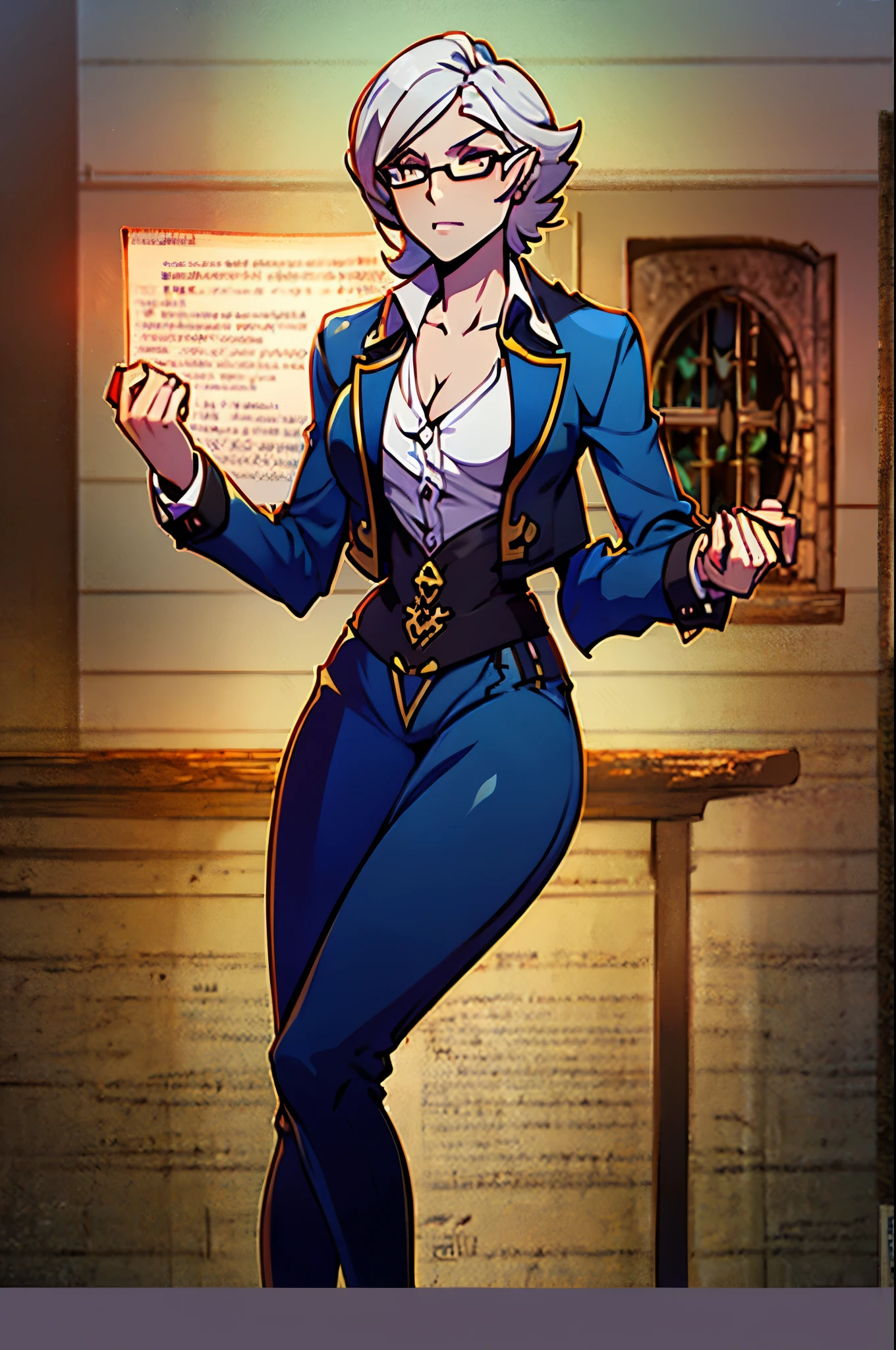 HD, high resolution, 2d art, 1 female, dark elf, silver eyes, grey skin, female, feminine, (thin frame). skinny, feminine kind face, c cup breasts, (shy), reading glasses, blue vest, black dress shirt, slacks