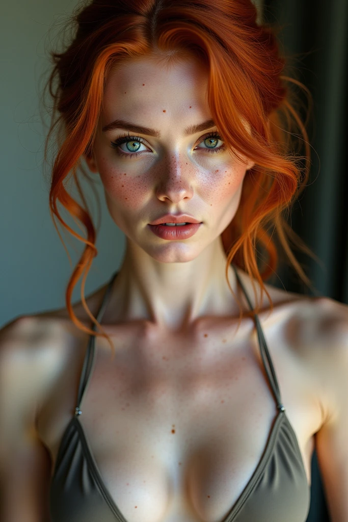 Sophie Turner, (face detailed:1.2), Red-Haired, freckles, detailed light blue eyes, realistic textured skin, muscular girl, Corpo Fitness, busty, Kale, corpo Kale vestindo apenas uma capa de pele de lobo, (whole body:1.3), posing frontally looking at the viewer, vivid color, photorrealistic, high qualiy, 8K, intricate-detail,