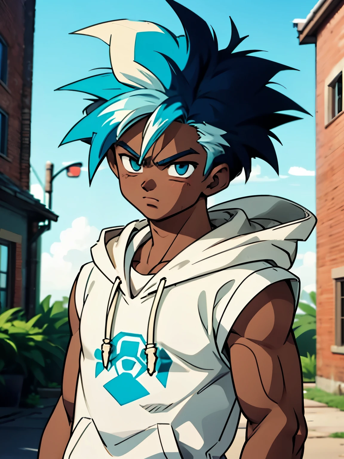 best quality image, imagine a age man , that has dark skin , who has light blue eyes , who has light blue hair, with big, messy hair , Are you wearing a sleeveless hooded shirt.