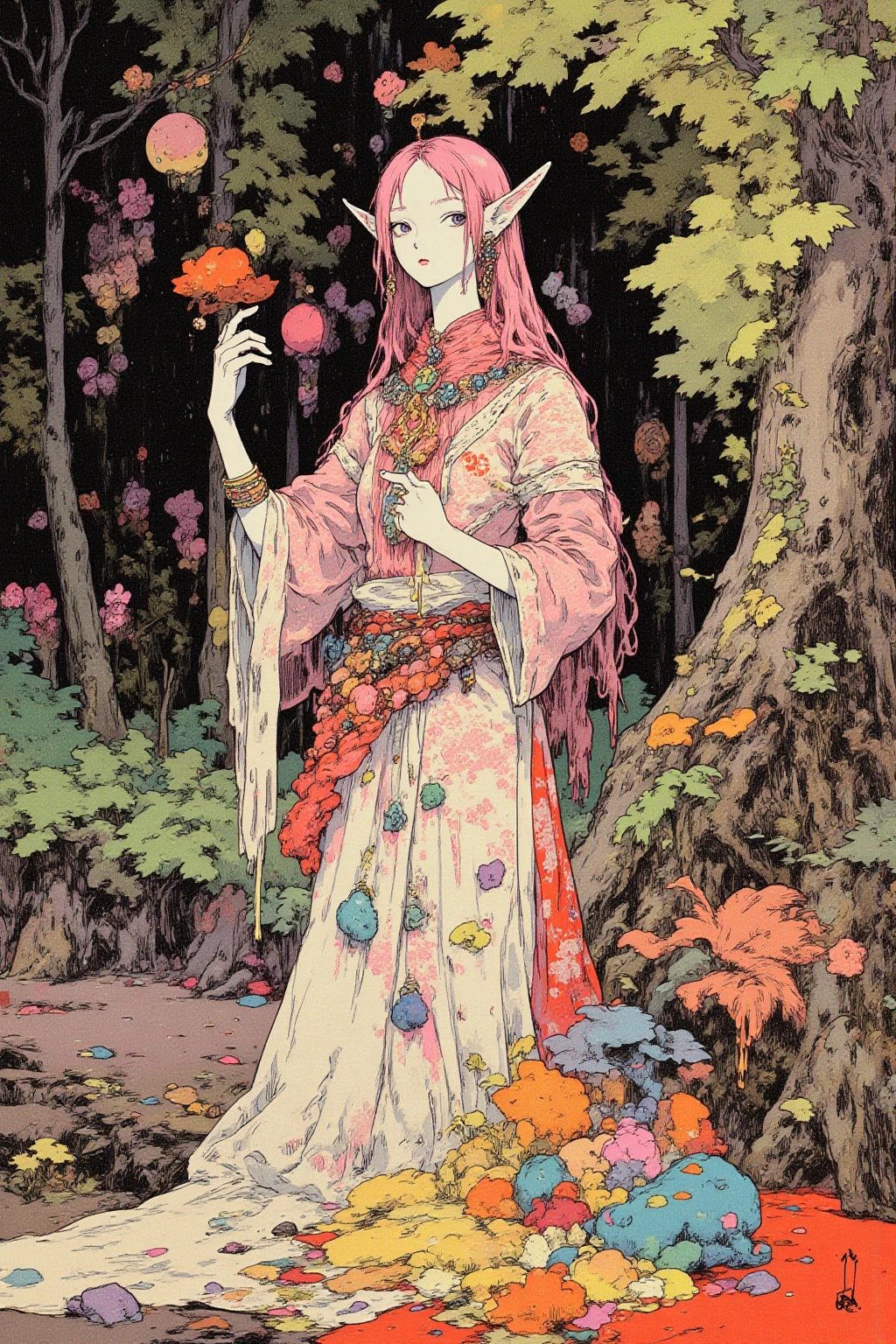  Elf Girls ,Long ears, slim figure,  Designs That Make You Feel Like Forests and Nature（ Leaf and Flower Motifs 、Light Fabrics ）Clothes for,  earrings with ear cuffs and chains ,corolla, intellectual and mysterious , (Cats and rabbits ） pendants and bracelets with motifs ,  decorative belts ,  asymmetrical costumes , arrange line drawings with vector layers to change the thickness to create a three-dimensional effect,Forest and lake background , Contemporary Artistic Collages  ,  collage art work,  New Album Jacket  ,  Great Job  !,  digital collage  , collage art ,   Contemporary Collage ,  mixed media collage  ,  surreal + high image quality, surreal style,convertible, pop psychedelic art  ,  Highly saturated work  ,  add a little fantastic effect with airbrushing ,