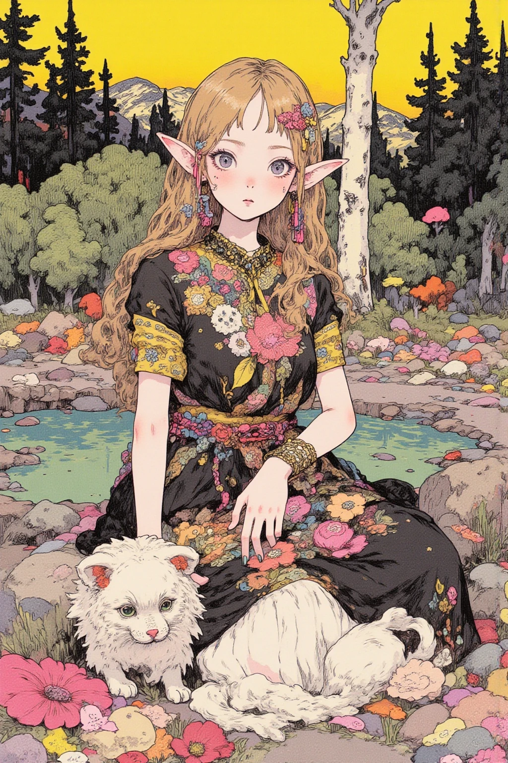  Elf Girls ,Long ears, slim figure,  Designs That Make You Feel Like Forests and Nature（ Leaf and Flower Motifs 、Light Fabrics ）Clothes for,  earrings with ear cuffs and chains ,corolla, intellectual and mysterious , (Cats and rabbits ） pendants and bracelets with motifs ,  decorative belts ,  asymmetrical costumes , arrange line drawings with vector layers to change the thickness to create a three-dimensional effect,Forest and lake background , Contemporary Artistic Collages  ,  collage art work,  New Album Jacket  ,  Great Job  !,  digital collage  , collage art ,   Contemporary Collage ,  mixed media collage  ,  surreal + high image quality, surreal style,convertible, pop psychedelic art  ,  Highly saturated work  ,  add a little fantastic effect with airbrushing ,