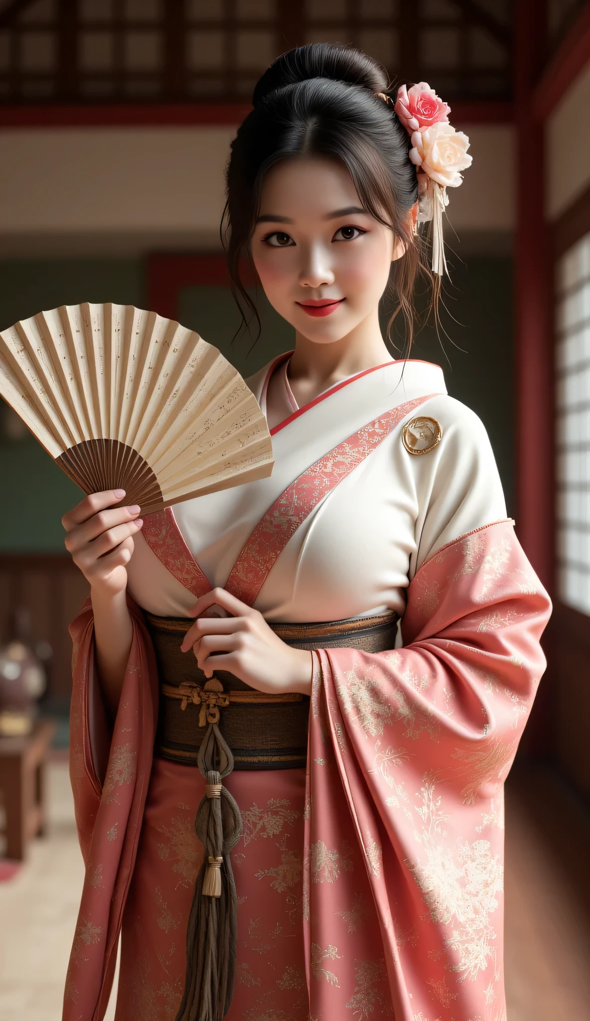 A symmetrically balanced distance wide angle image set in ancient tokugawa time era. The scene features a hyper-realistic, lively, luscious, and shapely anciently japanese woman, a folk geisha, with a blush and a smile, traditionally dressed in a shaped of anciently japan kimono chubb tight dress, kimono obi. She is holding and showing up an ancient large size of intricately folding fan accessory on her hand, which are intricately highlighted. The image is centered with wide central leading lines, and the scenery is that of inside the ancient japan palace. The lighting is soft, with the fullest depth of field. The woman's hands are realistic with accurately depicted human fingers, and her hair is shiny. The overall style is that of modelling photography, with influences from Artstation, Deviantart, and Unreal Engine art. The image has a ultra realistic upscale detailed 3D computer graphics feel, with elements of silkPunkAi artwork.(ultra realistic lifelike texture depth). 8K, ultra high definition photo, RAW photo image, best quality,