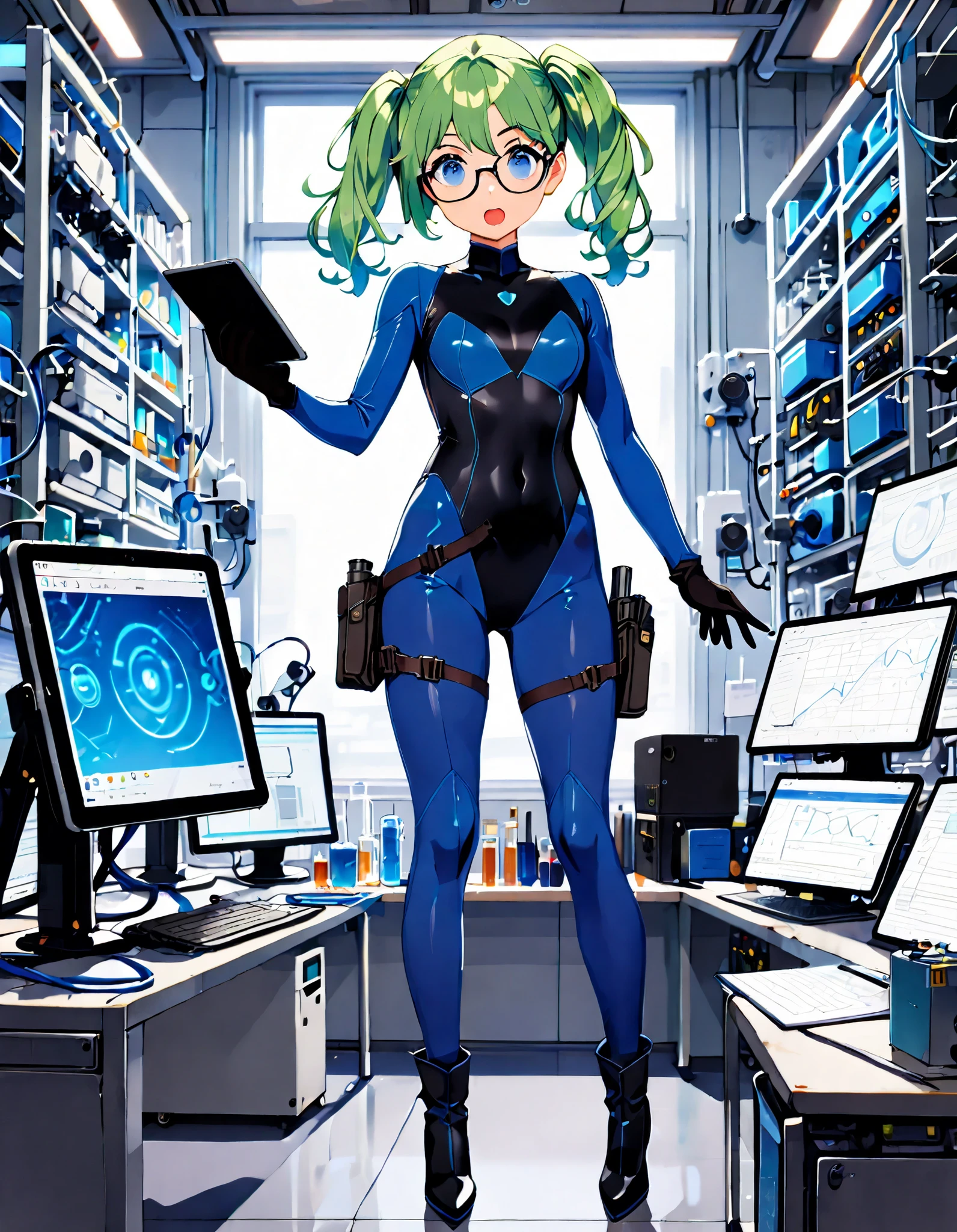 masterpiece, highly detailed, best quality, high quality, 1girl, (solo, solo focus), blue eyes, (cute eyes), beautiful detailed eyes, beautiful detailed face, perfect hands, complete fingers, perfect anatomy, perfect proportions, full body, gloves, green hair, pigtails, (blue skintight bodysuit, (blue leotard)), kochiy sanae, open mouth, (pistol holster, thigh holster, thigh strap), (full blue pantyhose, skintight blue leggings, perfect fit), ((glasses)), black boots, matching boots, fingerless gloves. laboratory, computers, holding tablet, curious look, standing. full body costume design