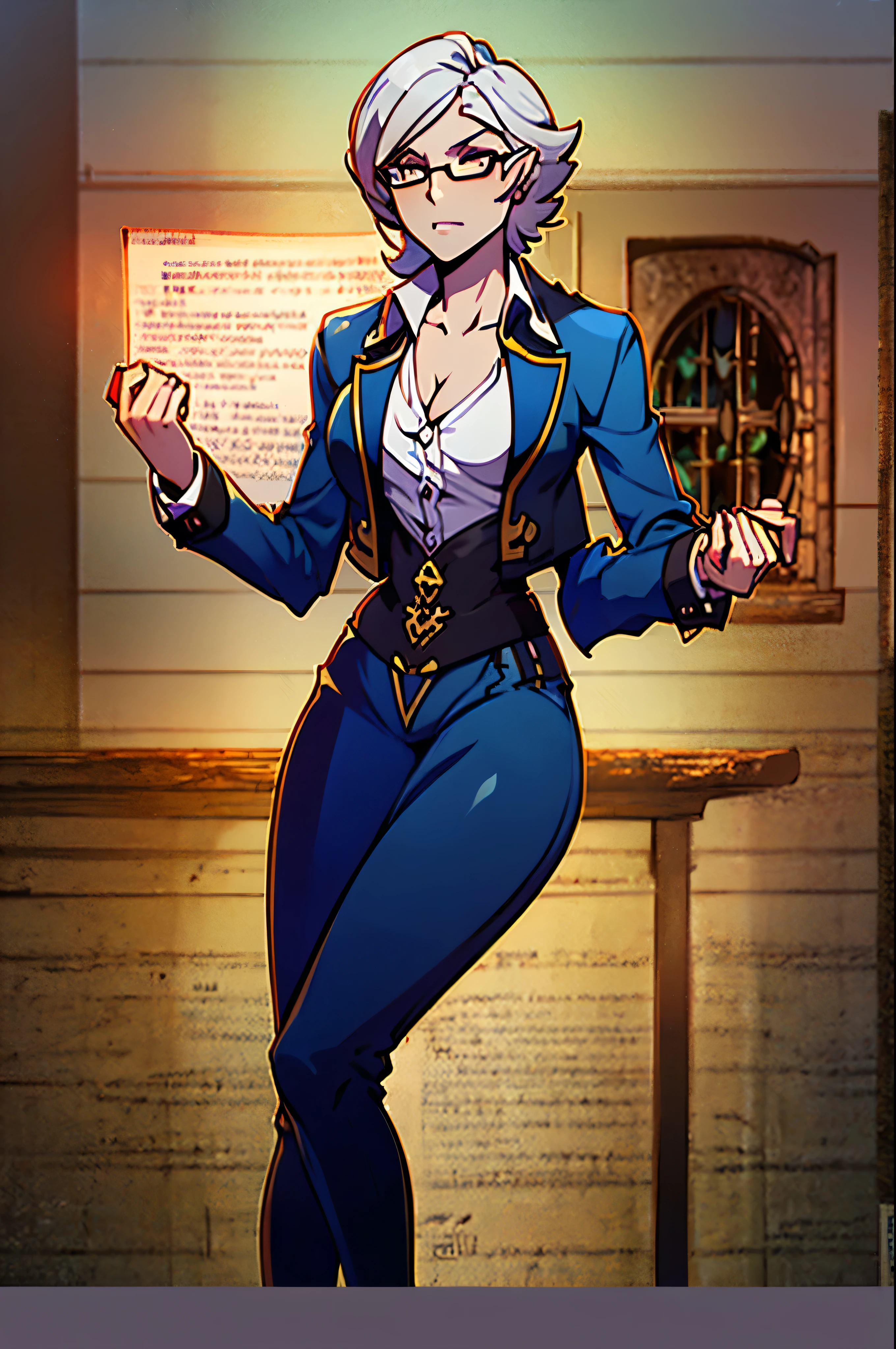 HD, high resolution, 2d art, 1 female, dark elf, silver eyes, grey skin, female, feminine, (thin frame). skinny, feminine kind face, c cup breasts, (shy), reading glasses, blue vest, black dress shirt, slacks