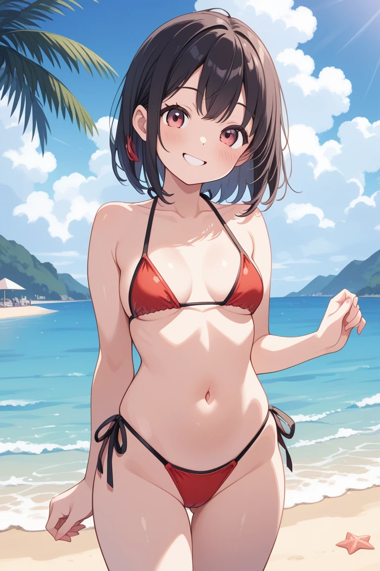 (better quality), [masterpiece], ((beautiful:0.75)  beautiful:0.75), [transparent and clean] pixiv (shape), ((Megumin)), two, squat, midsummer sea, brown hair, red micro bikini、 short hair, red eyes、((sexy))、pointed nipples、belly button、emphasize the muscles of the pussy、slender body、thin body、swimsuit with a small area、masturbation、erect clitoris、put your hand inside your pants、red face、smile