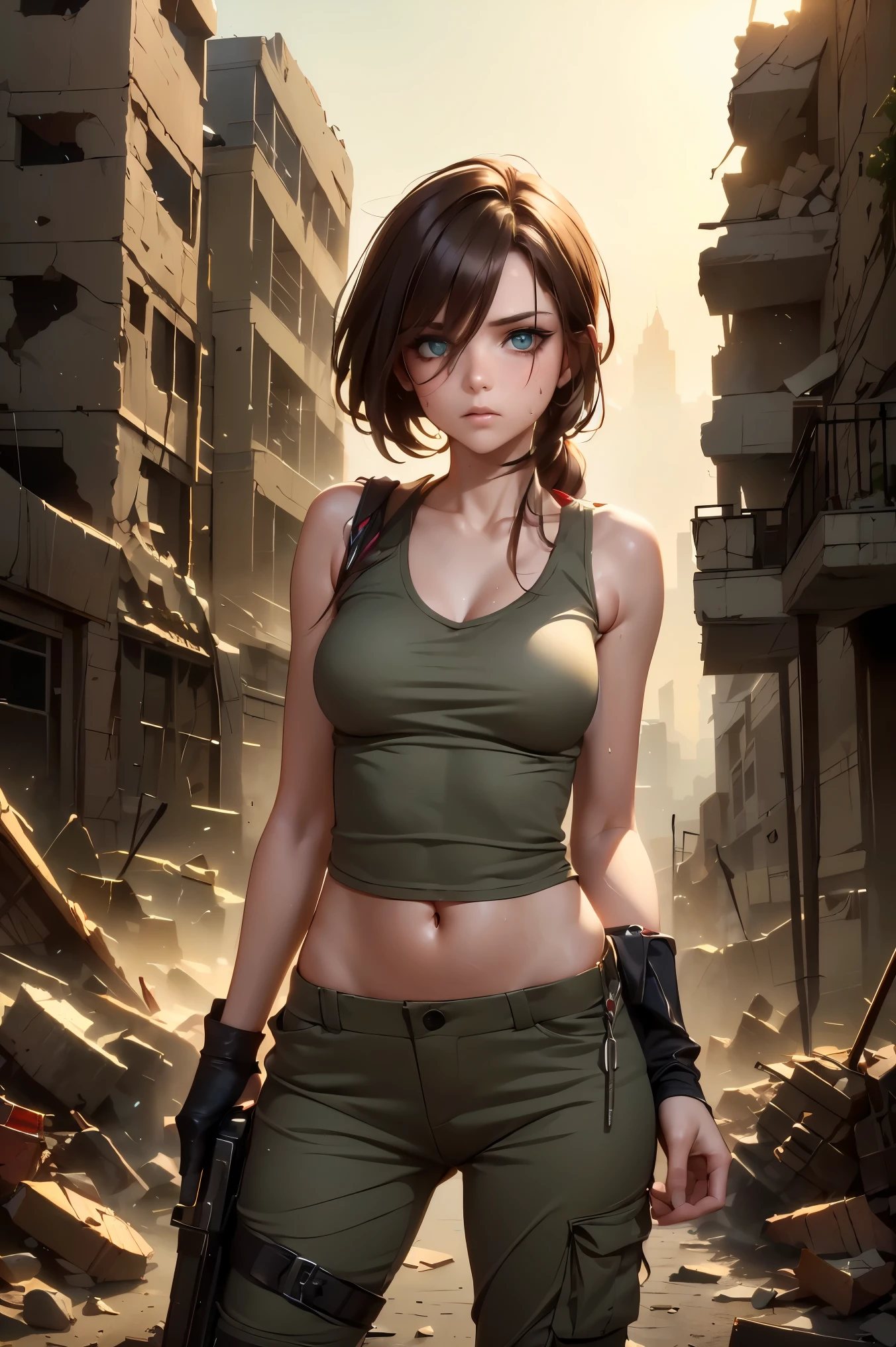 ((best quality)), ((masterpiece)), (detailed), perfect face, ((Best quality, 8k, Masterpiece: 1.3)),A battle-hardened female fighter hiding in a ruined building amidst an urban battlefield. She wears a white tank top and olive drab cargo pants, both stained with dust, sweat, and grime. Her sharp eyes scan the surroundings, searching for an escape route. She grips a machine gun tightly, ready for action. The atmosphere is tense, with smoke and debris filling the war-torn city. The background shows crumbling buildings, shattered windows, and scattered rubble. The lighting is dramatic, casting shadows over her determined face, emphasizing her grit and resilience