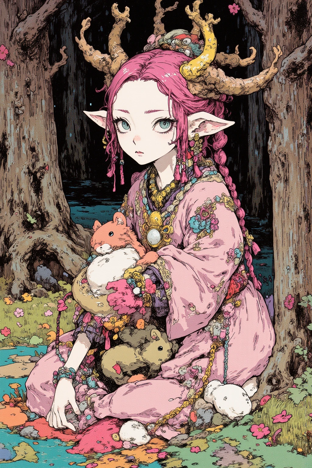  Elf Girls ,Long ears, slim figure,  Designs That Make You Feel Like Forests and Nature（ Leaf and Flower Motifs 、Light Fabrics ）Clothes for,  earrings with ear cuffs and chains ,corolla, intellectual and mysterious , (Cats and rabbits ） pendants and bracelets with motifs ,  decorative belts ,  asymmetrical costumes , arrange line drawings with vector layers to change the thickness to create a three-dimensional effect,Forest and lake background , Contemporary Artistic Collages  ,  collage art work,  New Album Jacket  ,  Great Job  !,  digital collage  , collage art ,   Contemporary Collage ,  mixed media collage  ,  surreal + high image quality, surreal style,convertible, pop psychedelic art  ,  Highly saturated work  ,  add a little fantastic effect with airbrushing ,