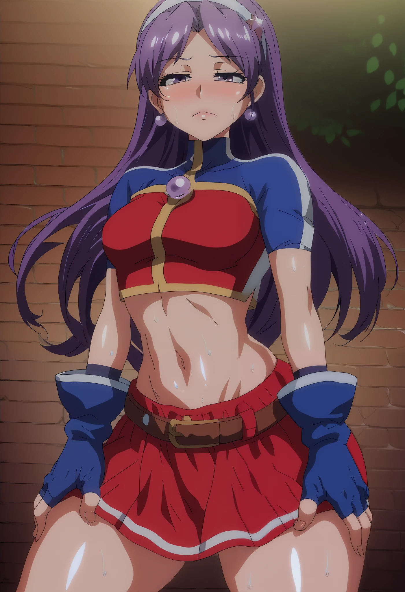 Masterpiece, best quality,ite girl,ATHKOF2002, purple hair, long hair, purple eyes, white hairband, blue sleeves, pearl (gemstone), short sleeves, red top, belt, fingerless gloves, navel, red skirt, biker shorts, nose blush, solo, seductive pose,cowboy shot, midriff,beautiful detailed face,thick thighs, hands on thighs,in heat,half closed eyes,TRexStudio,anime screencap, anime coloring,hentai, crotch,hentai girl,shiny skin,hentai anime, looking at viewer, in traditional street, sweating