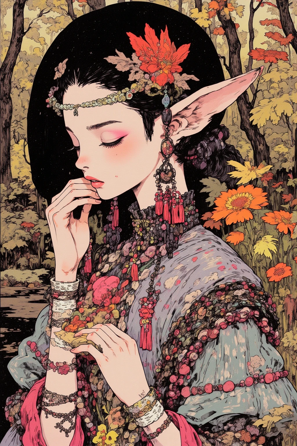  Elf Girls ,Long ears, slim figure,  Designs That Make You Feel Like Forests and Nature（ Leaf and Flower Motifs 、Light Fabrics ）Clothes for,  earrings with ear cuffs and chains ,corolla, intellectual and mysterious , (Cats and rabbits ） pendants and bracelets with motifs ,  decorative belts ,  asymmetrical costumes , arrange line drawings with vector layers to change the thickness to create a three-dimensional effect,Forest and lake background , Contemporary Artistic Collages  ,  collage art work,  New Album Jacket  ,  Great Job  !,  digital collage  , collage art ,   Contemporary Collage ,  mixed media collage  ,  surreal + high image quality, surreal style,convertible, pop psychedelic art  ,  Highly saturated work  ,  add a little fantastic effect with airbrushing ,