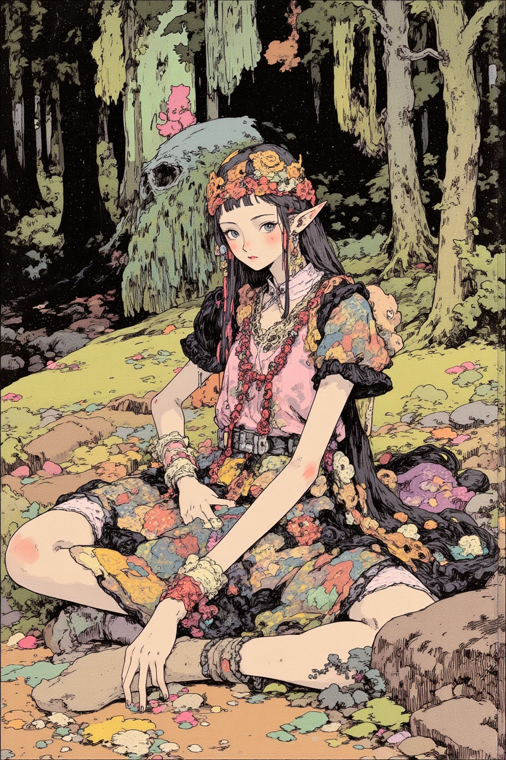  Elf Girls ,Long ears, slim figure,  Designs That Make You Feel Like Forests and Nature（ Leaf and Flower Motifs 、Light Fabrics ）Clothes for,  earrings with ear cuffs and chains ,corolla, intellectual and mysterious , (Cats and rabbits ） pendants and bracelets with motifs ,  decorative belts ,  asymmetrical costumes , arrange line drawings with vector layers to change the thickness to create a three-dimensional effect,Forest and lake background , Contemporary Artistic Collages  ,  collage art work,  New Album Jacket  ,  Great Job  !,  digital collage  , collage art ,   Contemporary Collage ,  mixed media collage  ,  surreal + high image quality, surreal style,convertible, pop psychedelic art  ,  Highly saturated work  ,  add a little fantastic effect with airbrushing ,